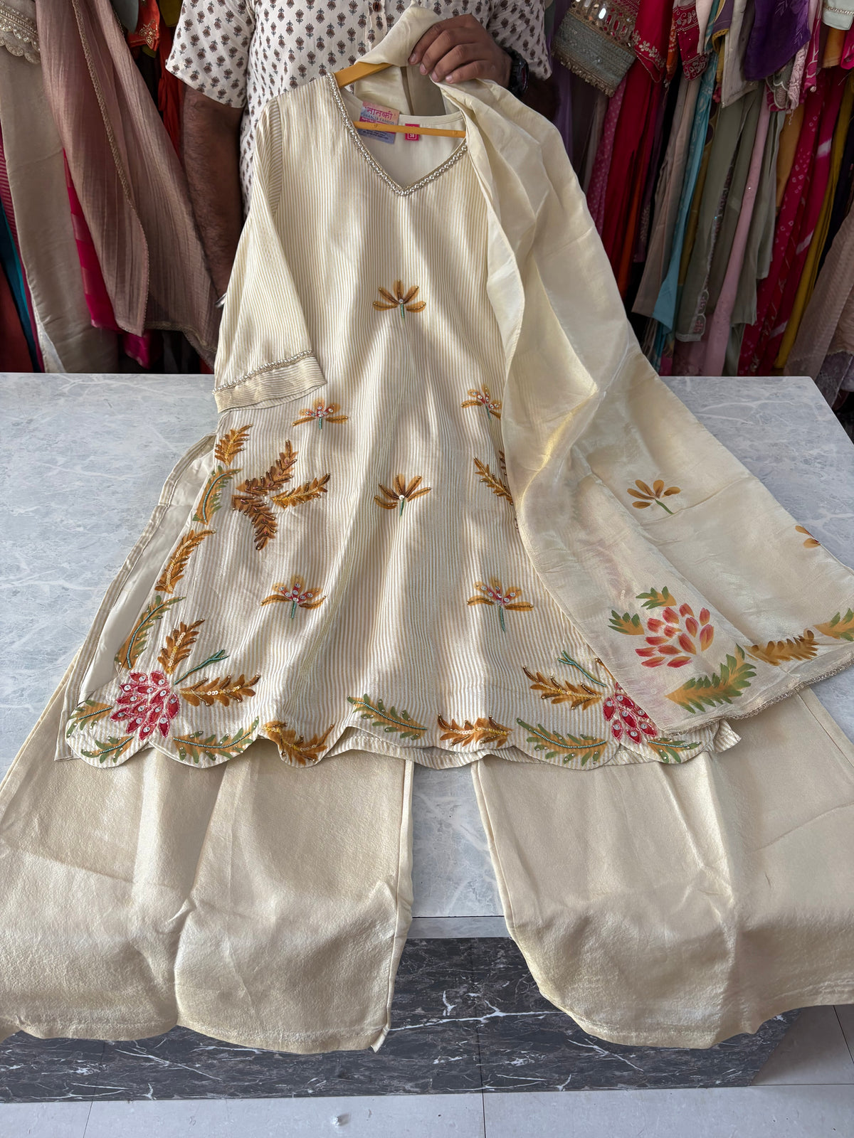 Shimmer Silk Fabric Handwork Plazzo Suits
