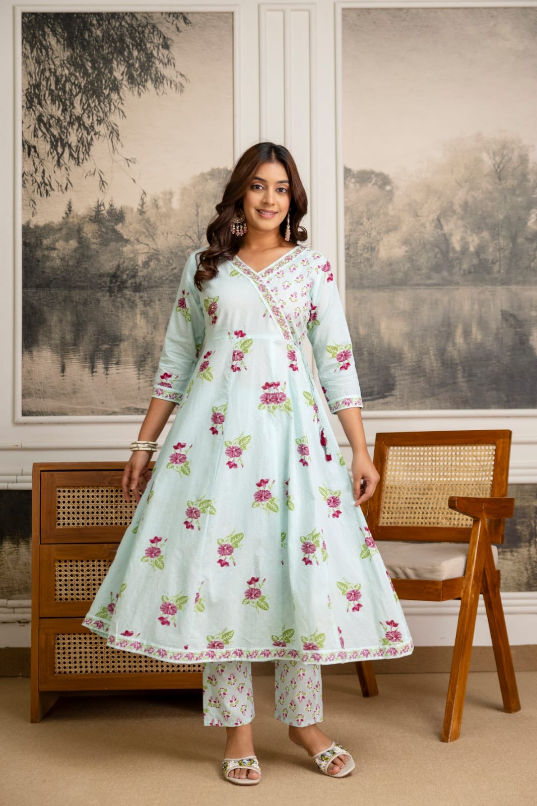 Pure cotton Anarkali suit with straight cotton pants and malmal dupatta