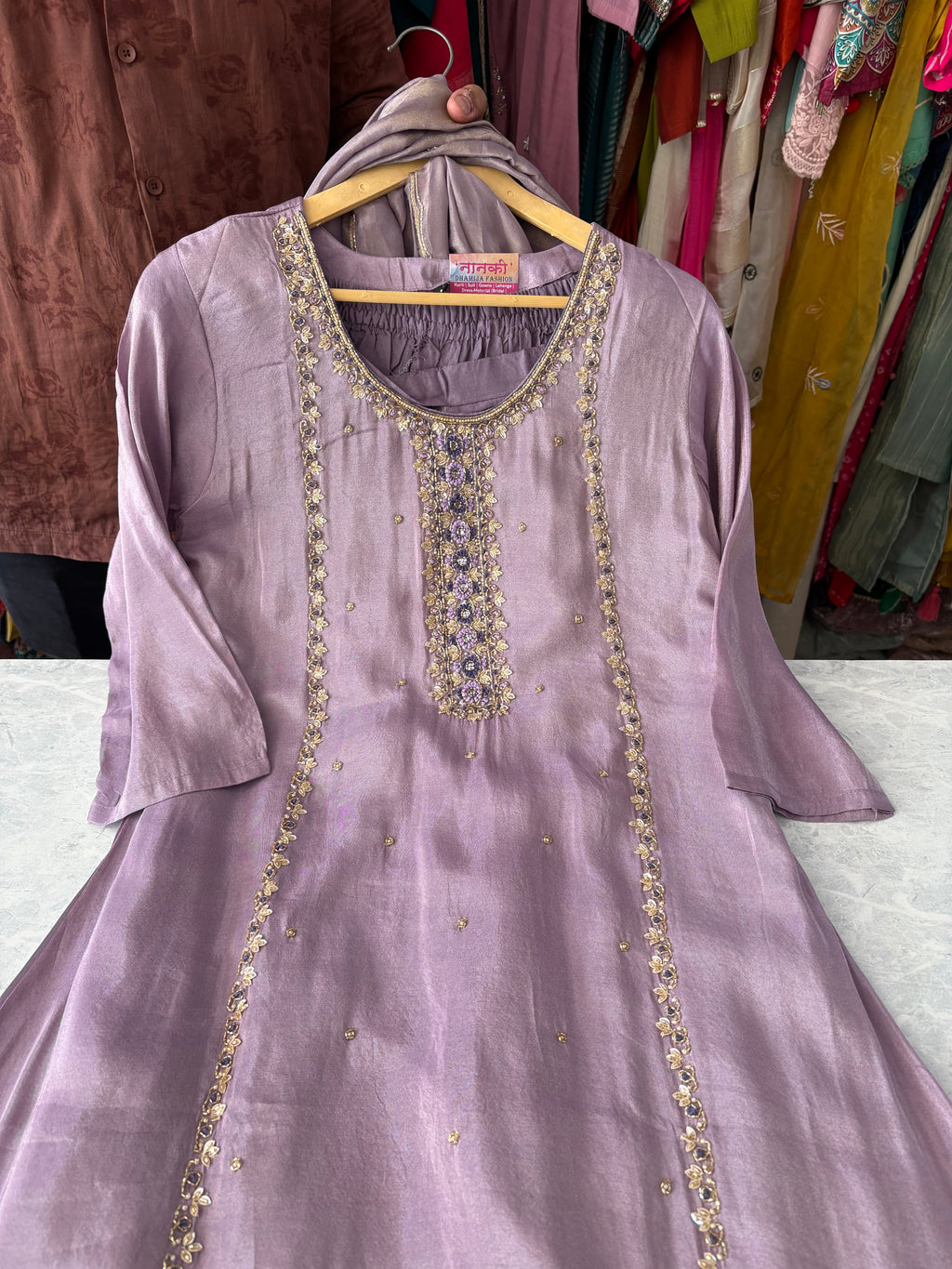 Shimmer Silk Handwork Aline Anarkali Suit