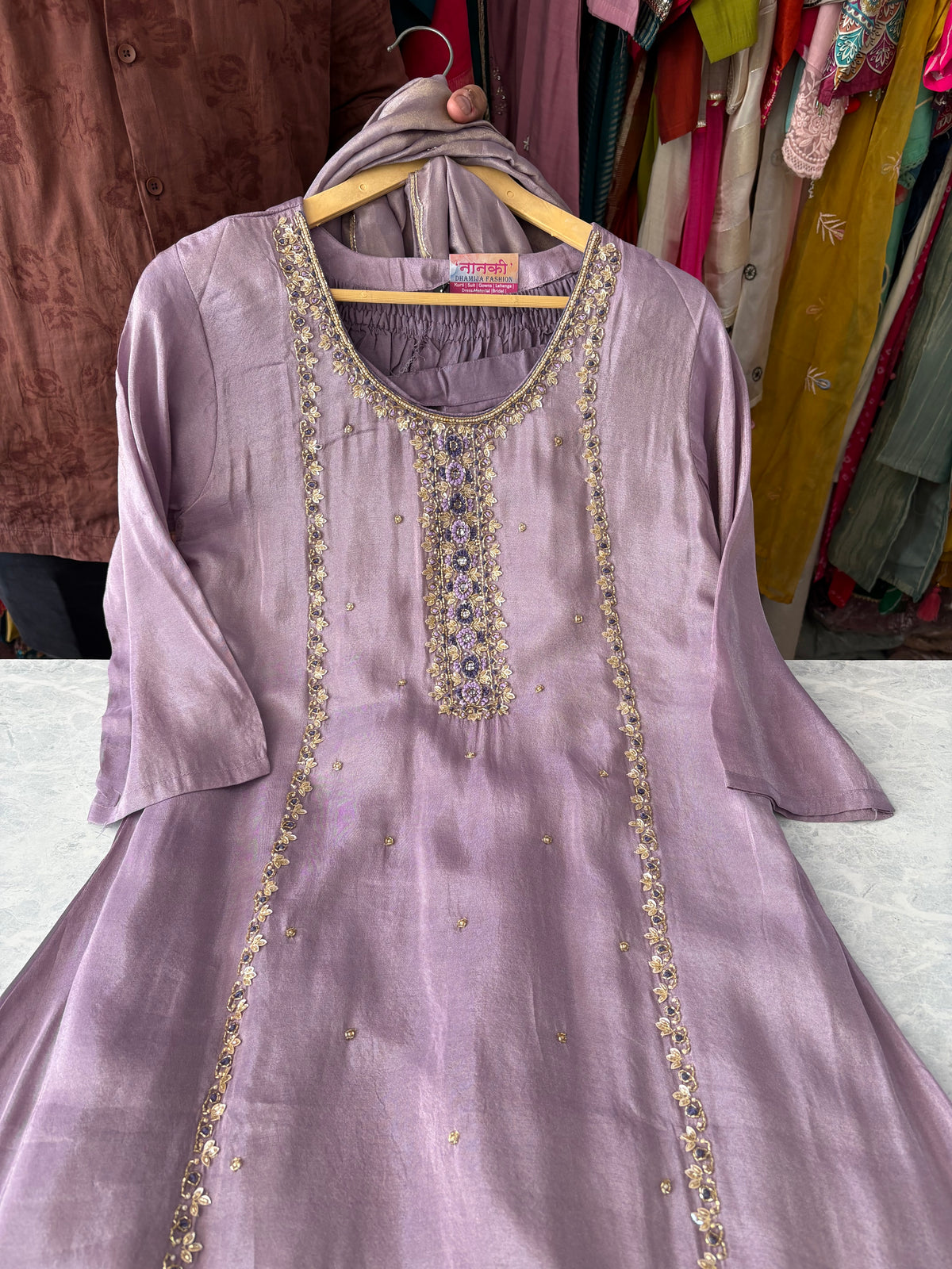 Shimmer Silk Handwork Aline Anarkali Suit