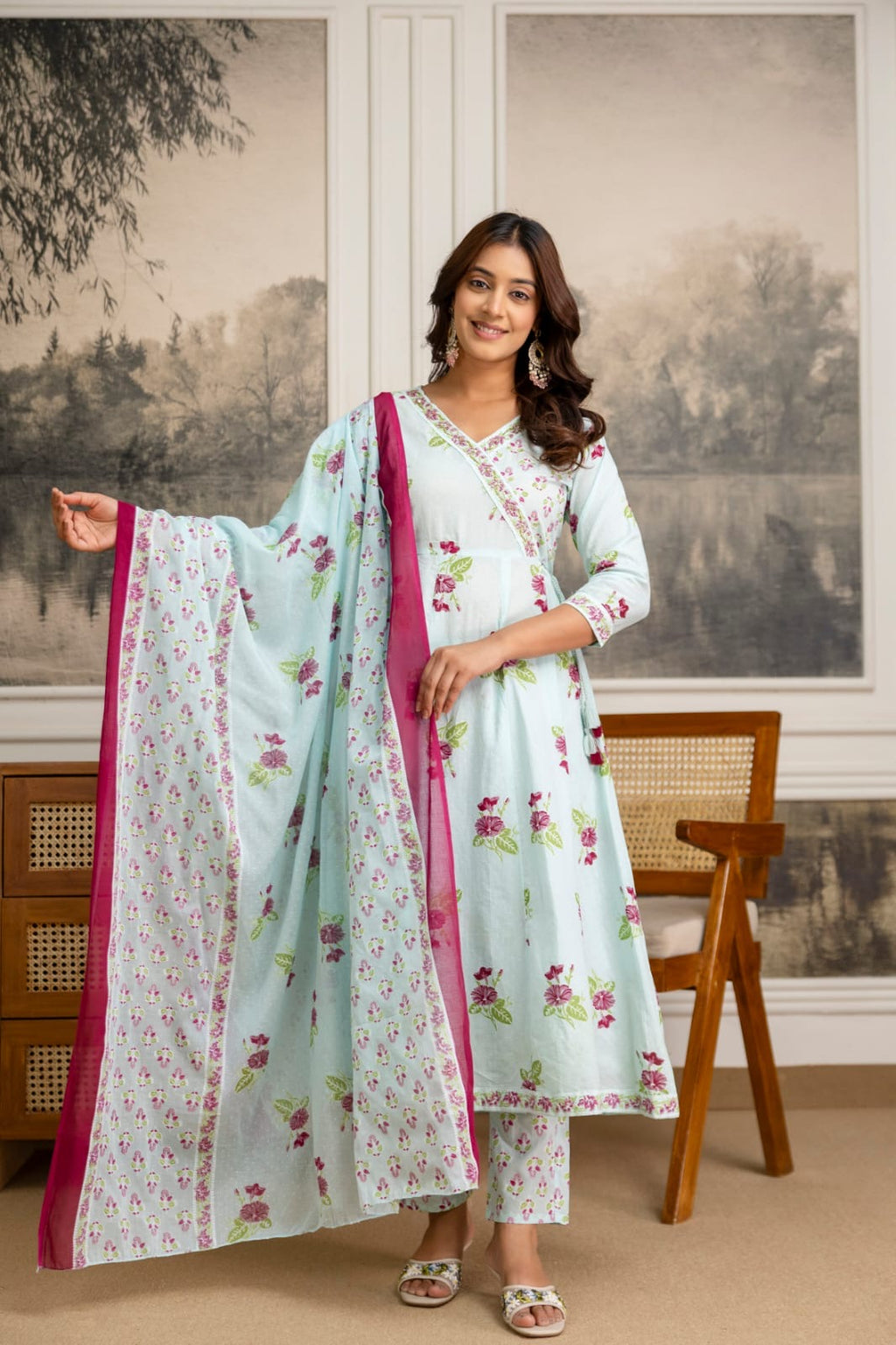 Pure cotton Anarkali suit with straight cotton pants and malmal dupatta