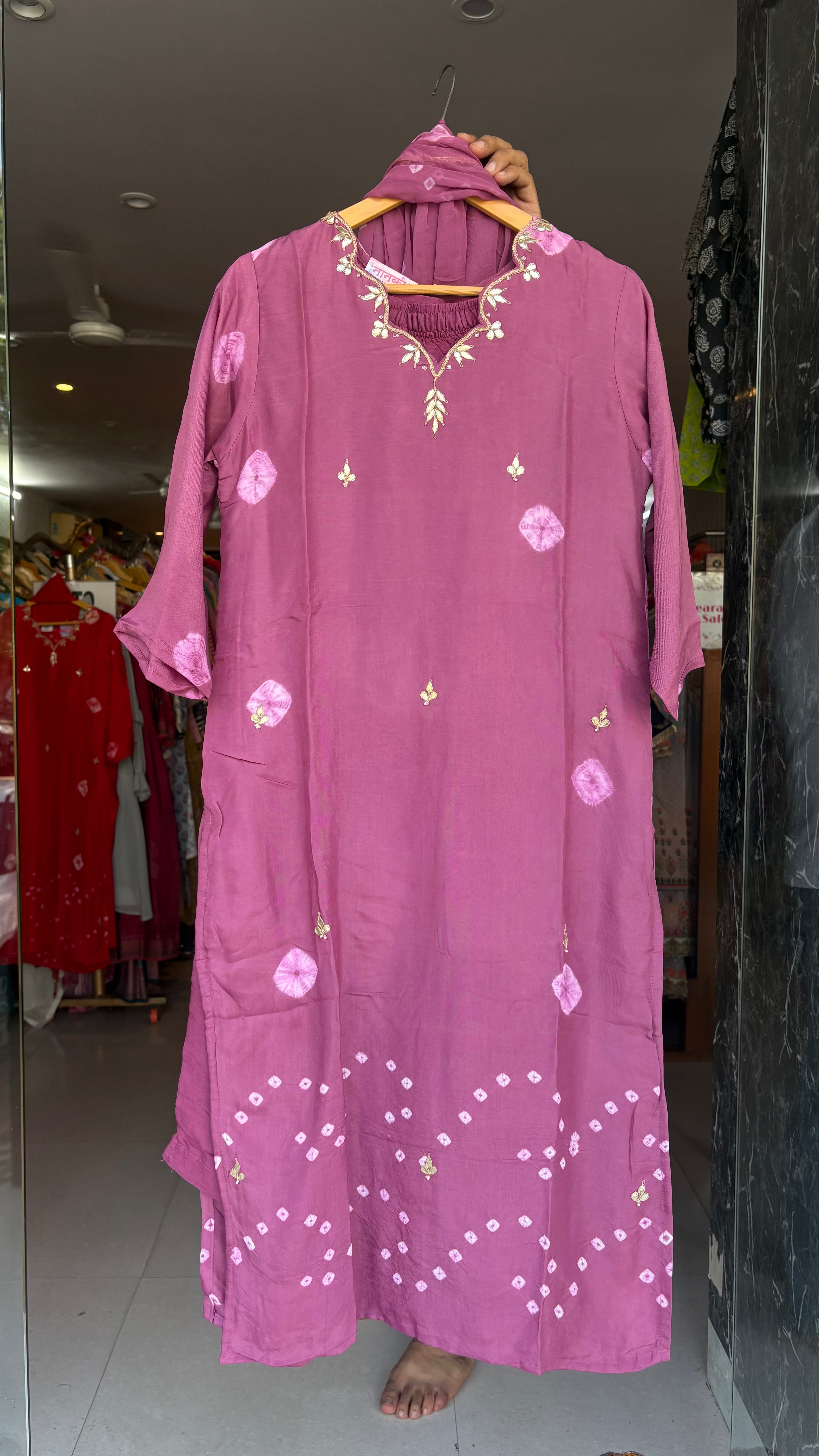 Pure Dola Silk Bhandej 3pcs suit