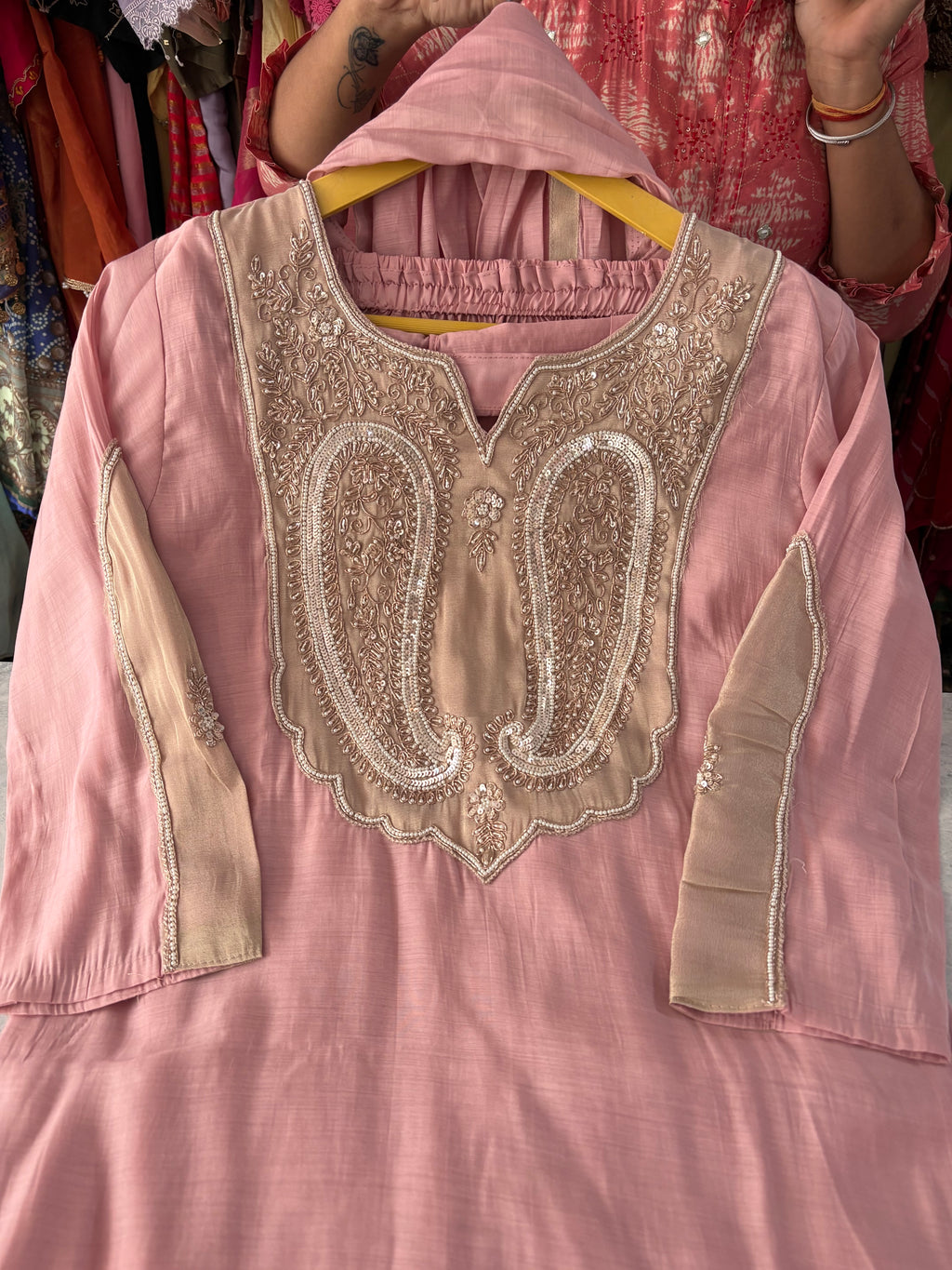 Pure Mal Chanderi Stitched Aline Suits With Beautiful Handwork Detailing