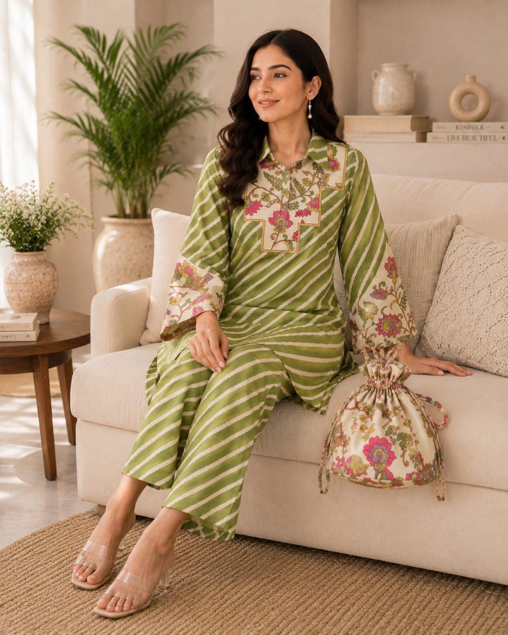Pure Muslin Cord Set with Potli