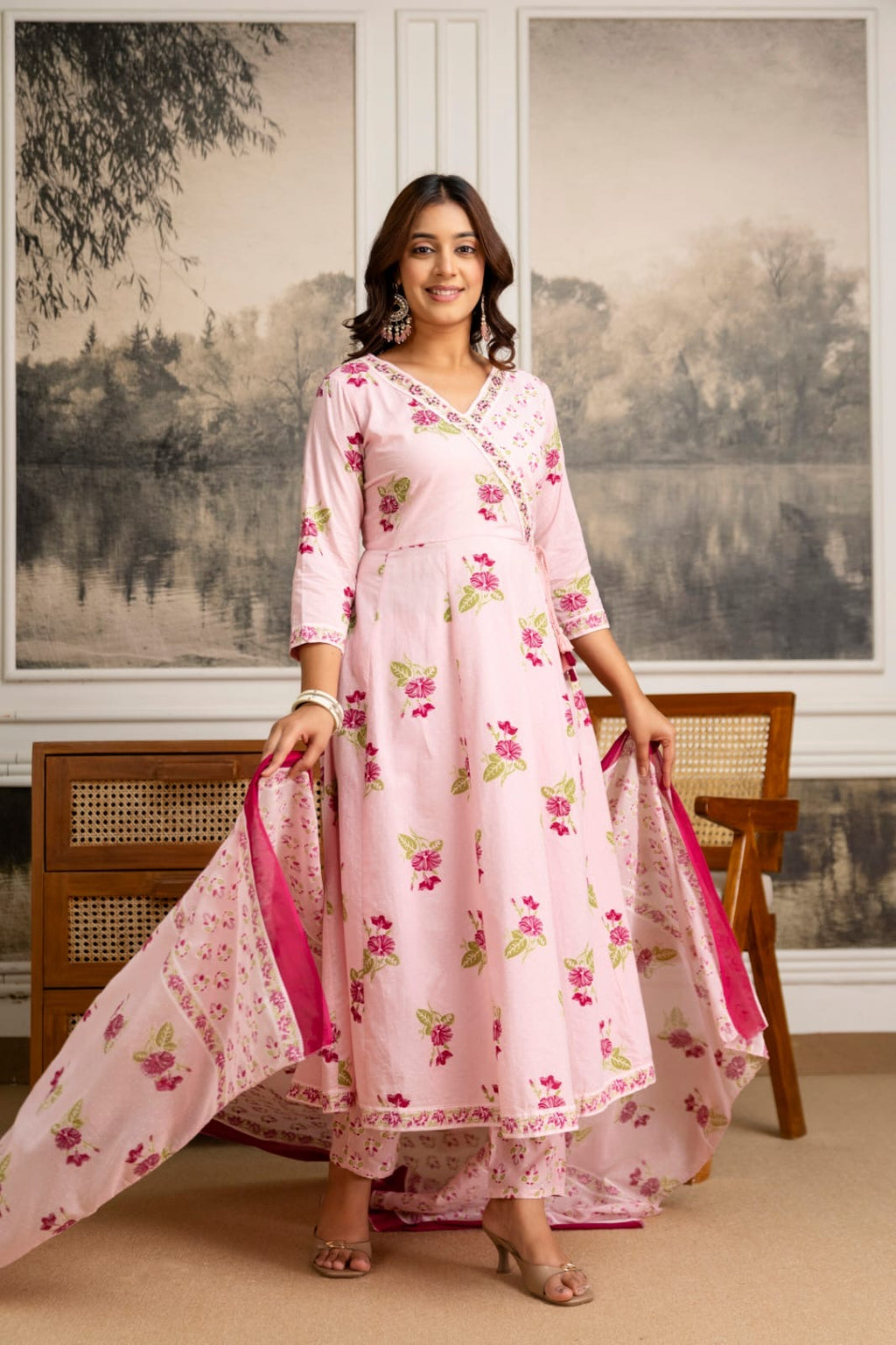 Pure Cotton Anarkali suit with straight cotton pants and Malmal dupatta