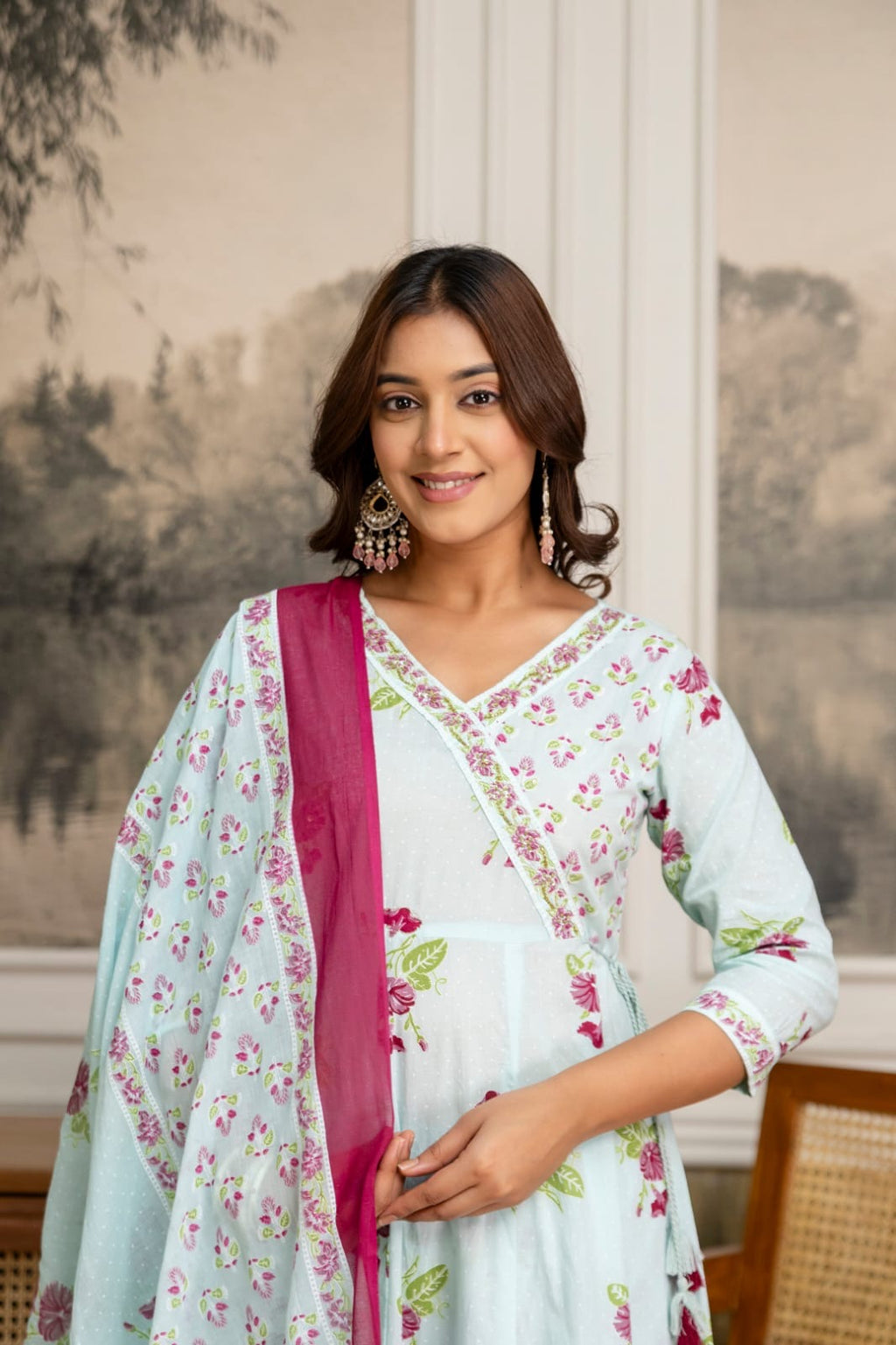 Pure cotton Anarkali suit with straight cotton pants and malmal dupatta