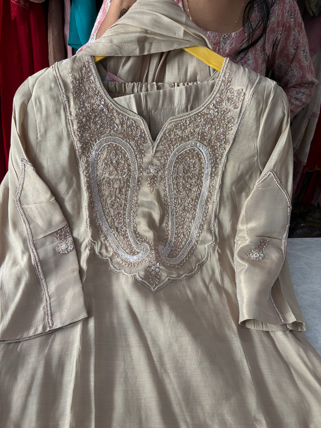 Pure Mal Chanderi Handwork Aline Suits