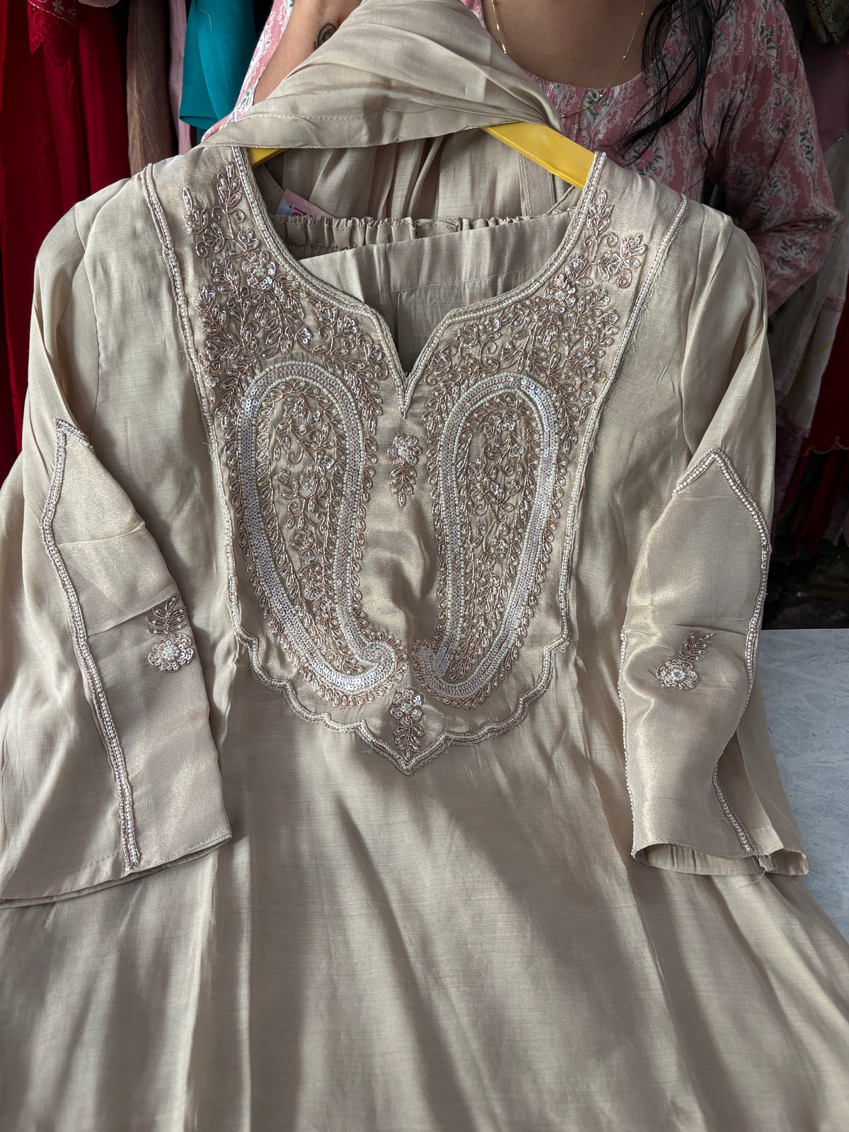 Pure Mal Chanderi Handwork Aline Suits