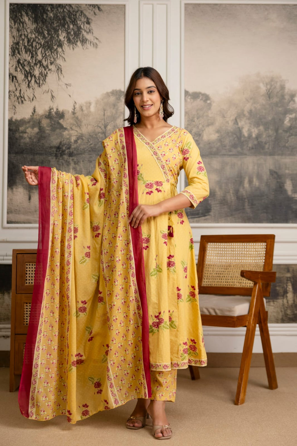 Pure cotton Anarkali suit with straight cotton pants and malmal dupatta