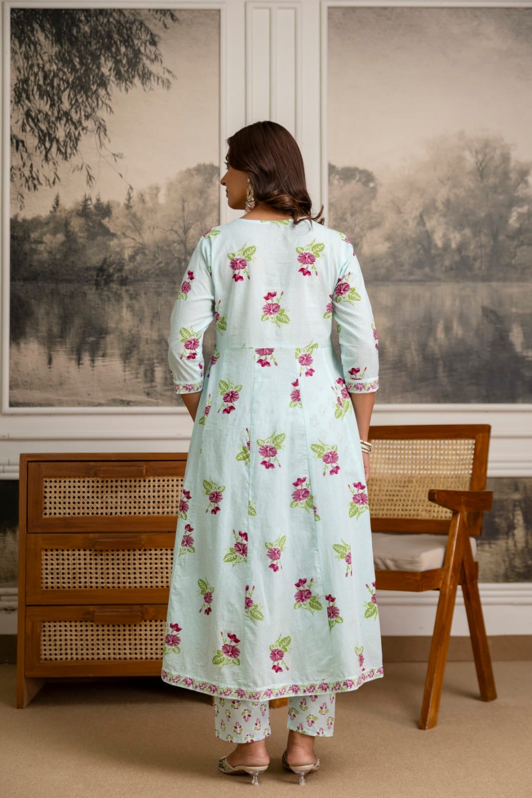 Pure cotton Anarkali suit with straight cotton pants and malmal dupatta
