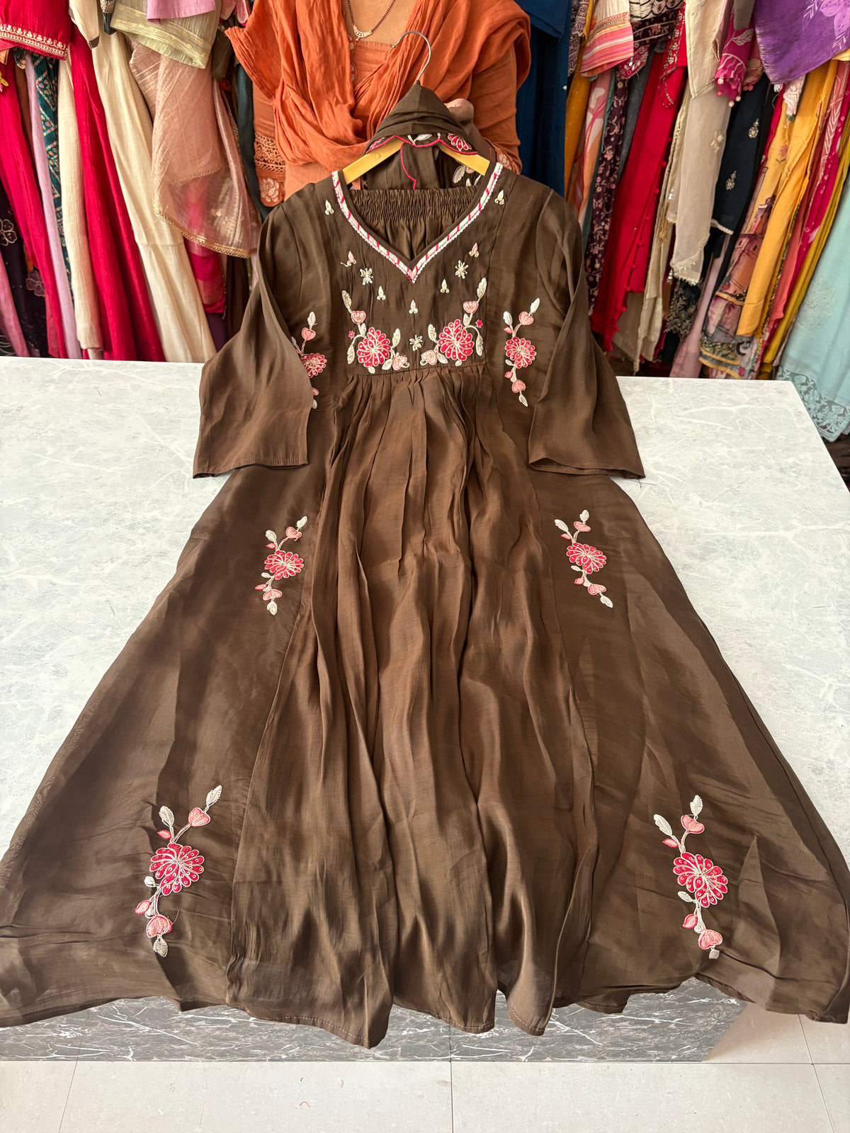 Mal Chanderi Stitched Aline Suits With Embroidery And Handwork