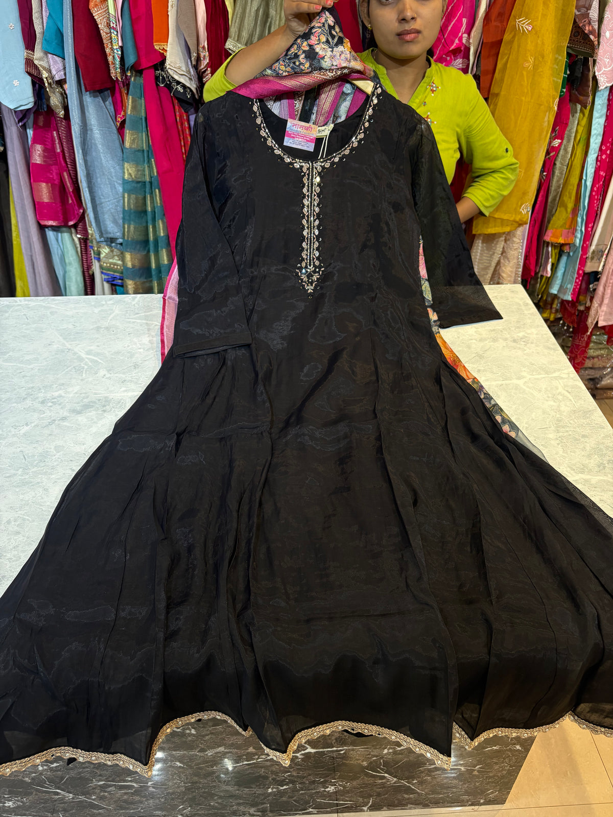 Mal Chanderi Aline Anarkali Suits With Beautiful Handwork and Printed Dupatta