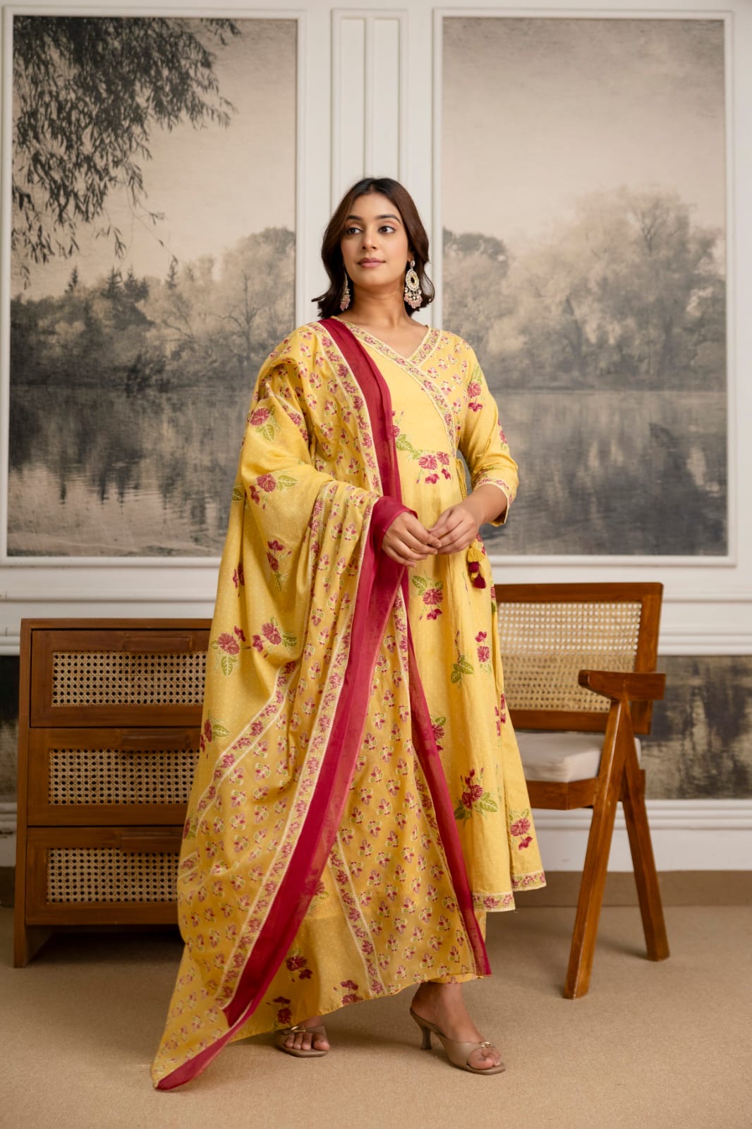 Pure cotton Anarkali suit with straight cotton pants and malmal dupatta