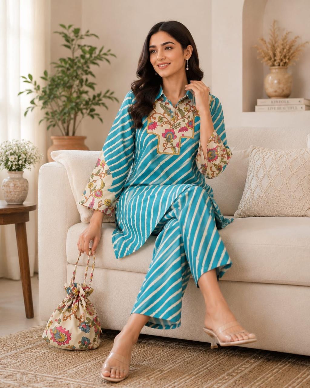 Pure Muslin Cord set with Potli