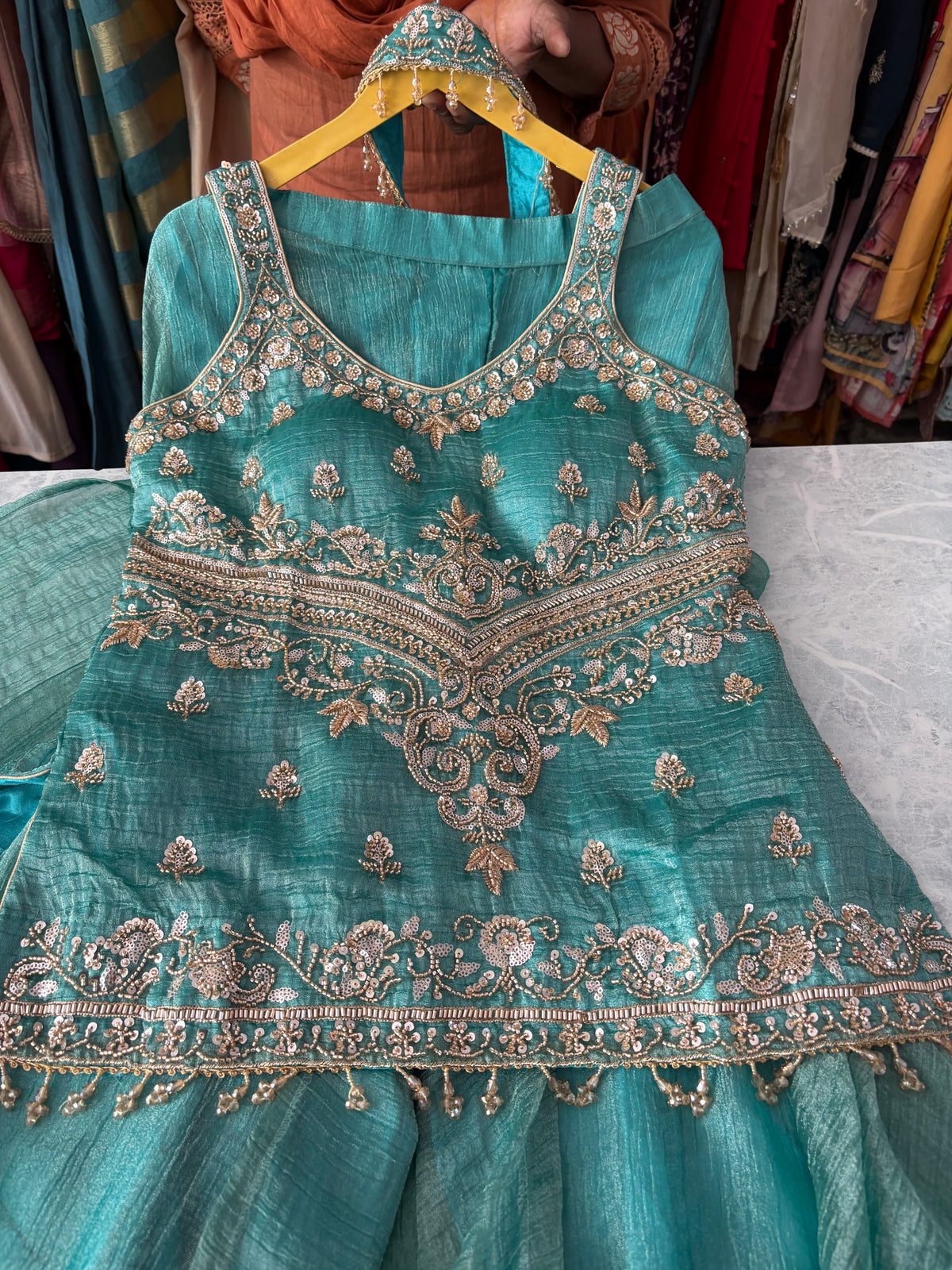 Short-kurti Plazzo Suits with Heavy Handwork