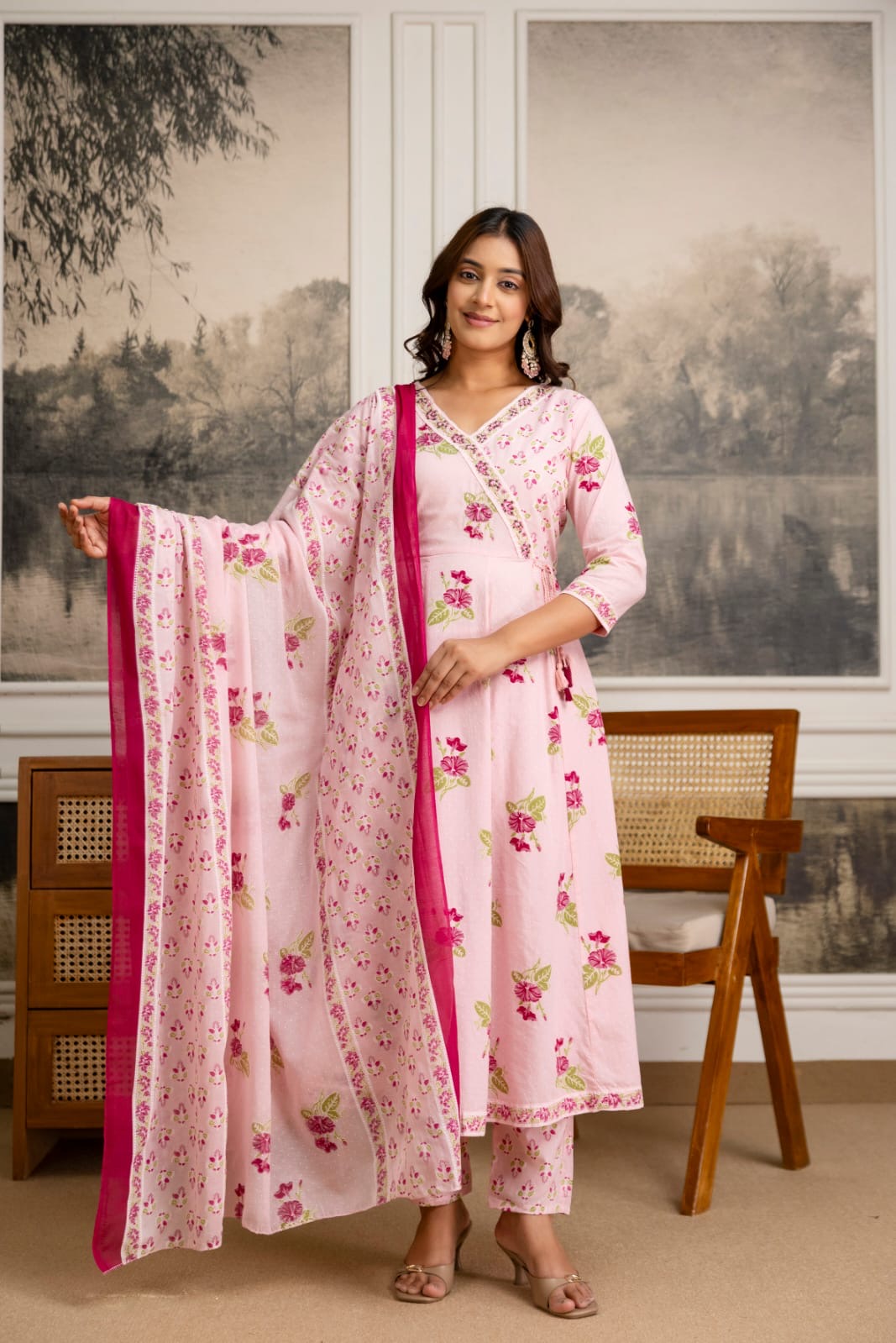 Pure Cotton Anarkali suit with straight cotton pants and Malmal dupatta