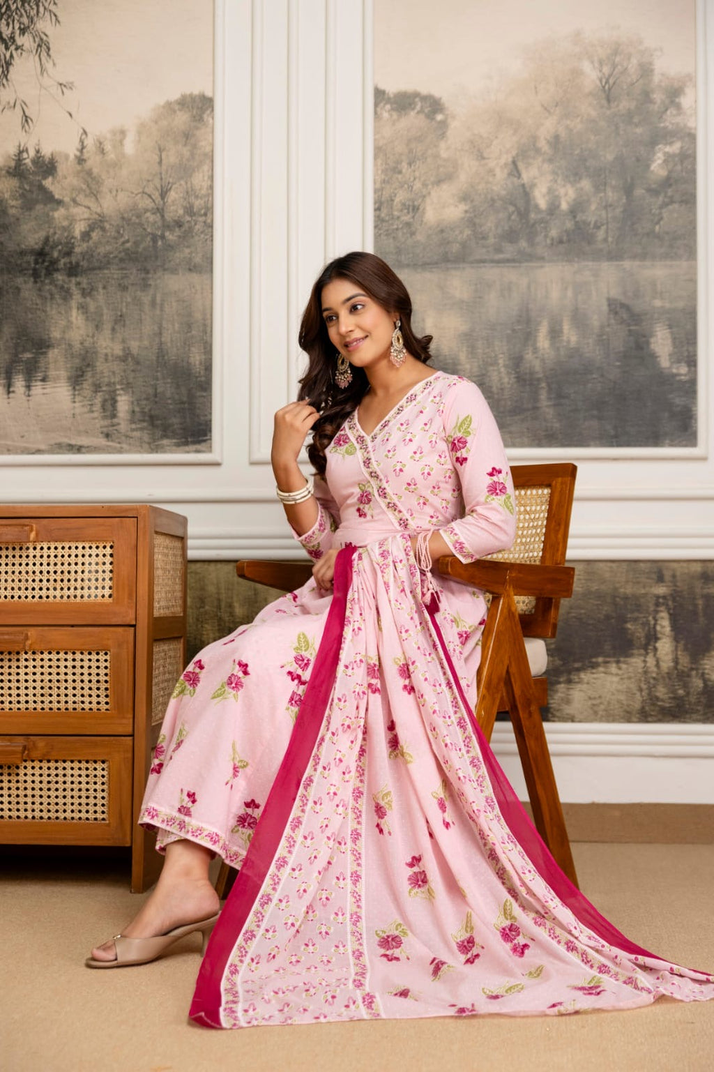 Pure Cotton Anarkali suit with straight cotton pants and Malmal dupatta