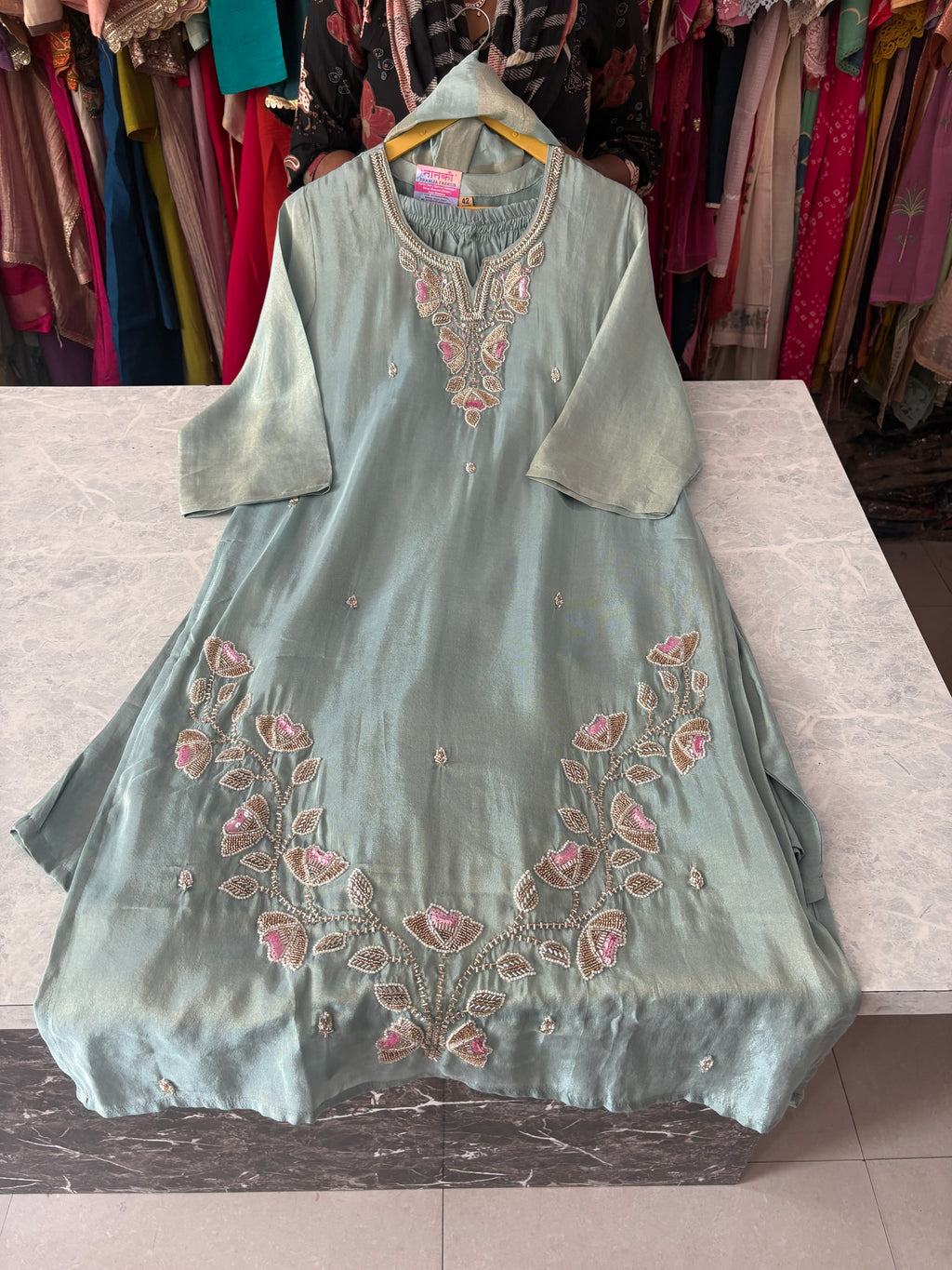 Shimmer Silk Straight Suits With Beautiful Handwork