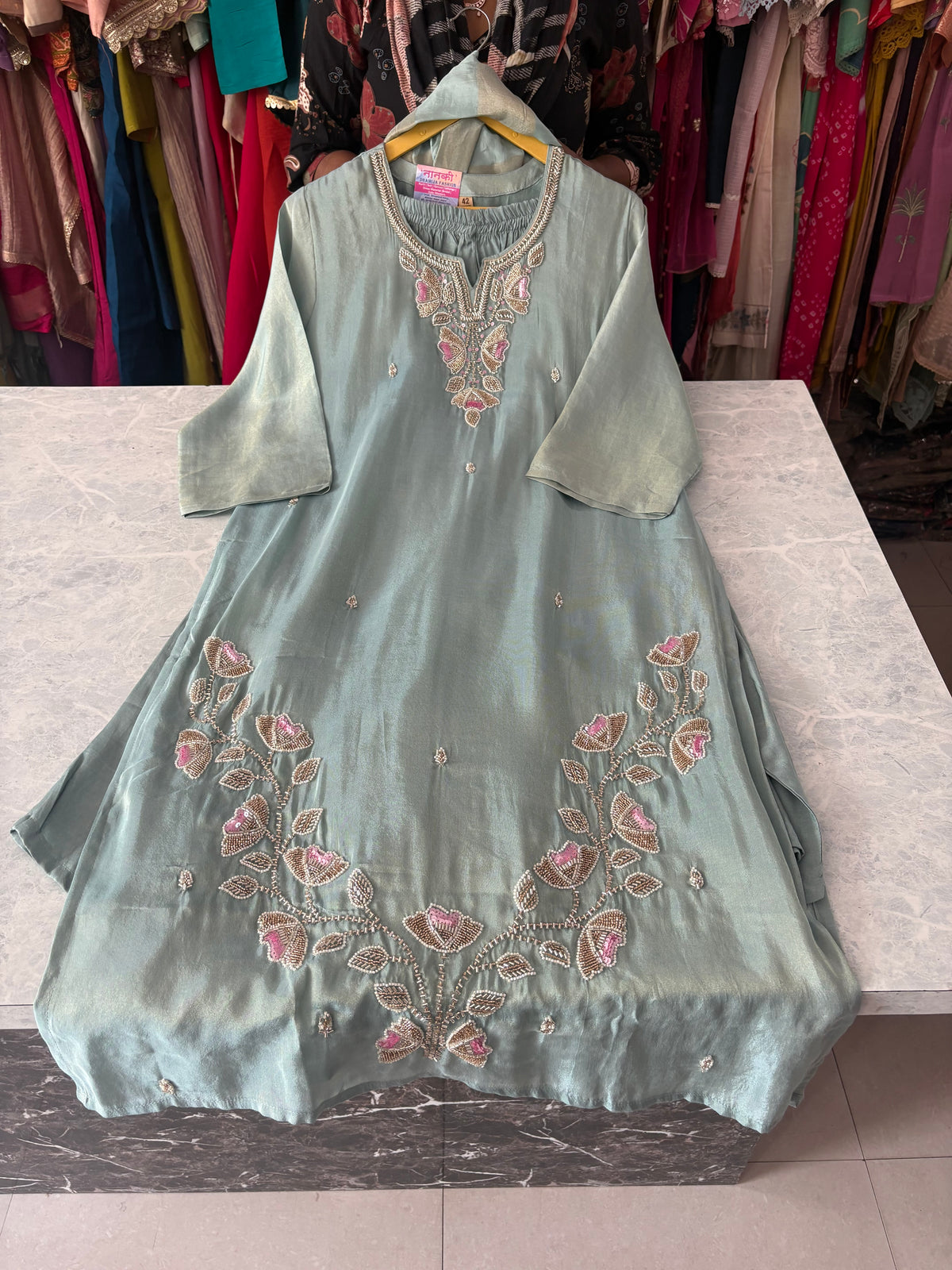 Shimmer Silk Straight Suits With Beautiful Handwork
