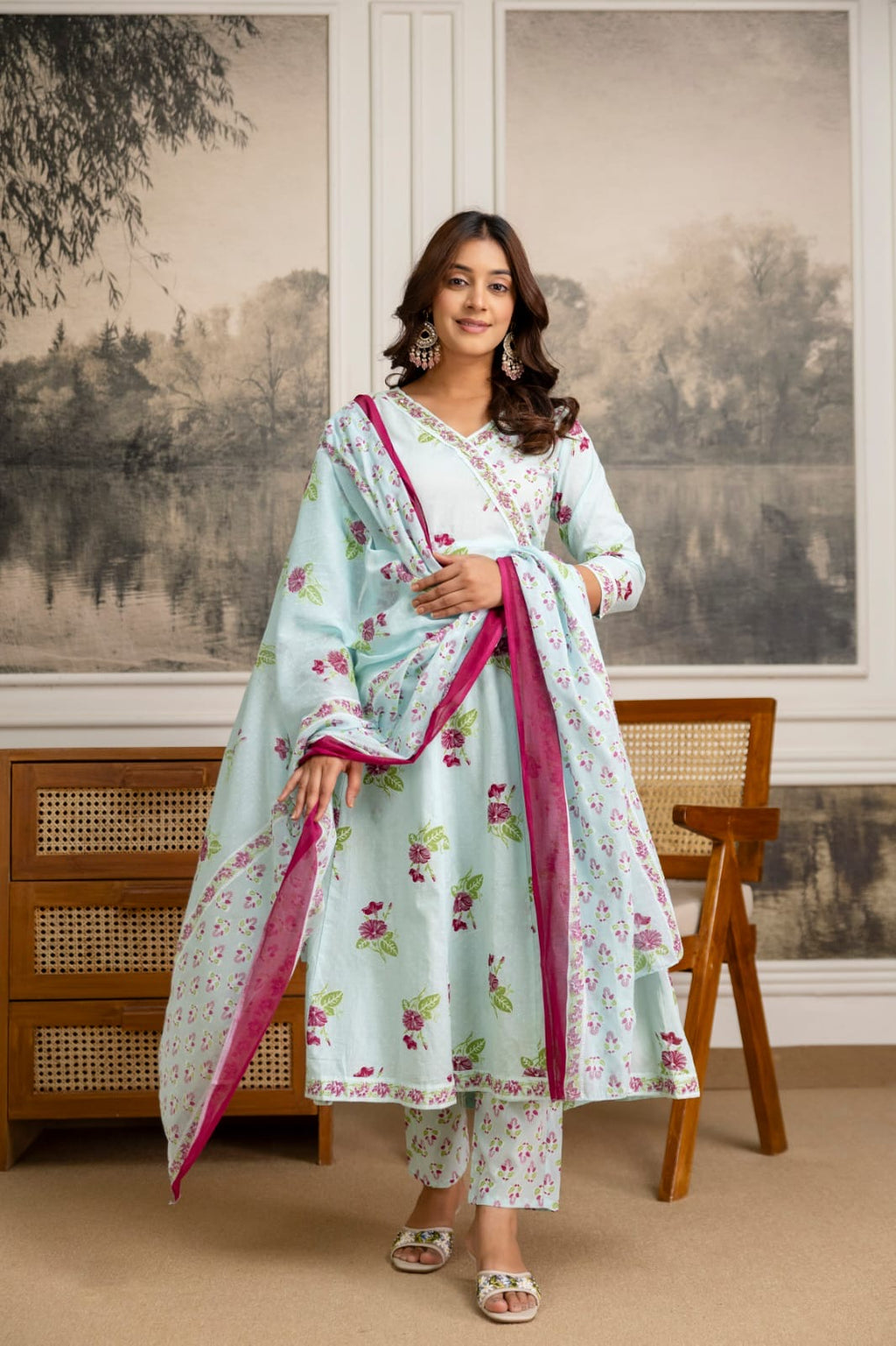 Pure cotton Anarkali suit with straight cotton pants and malmal dupatta