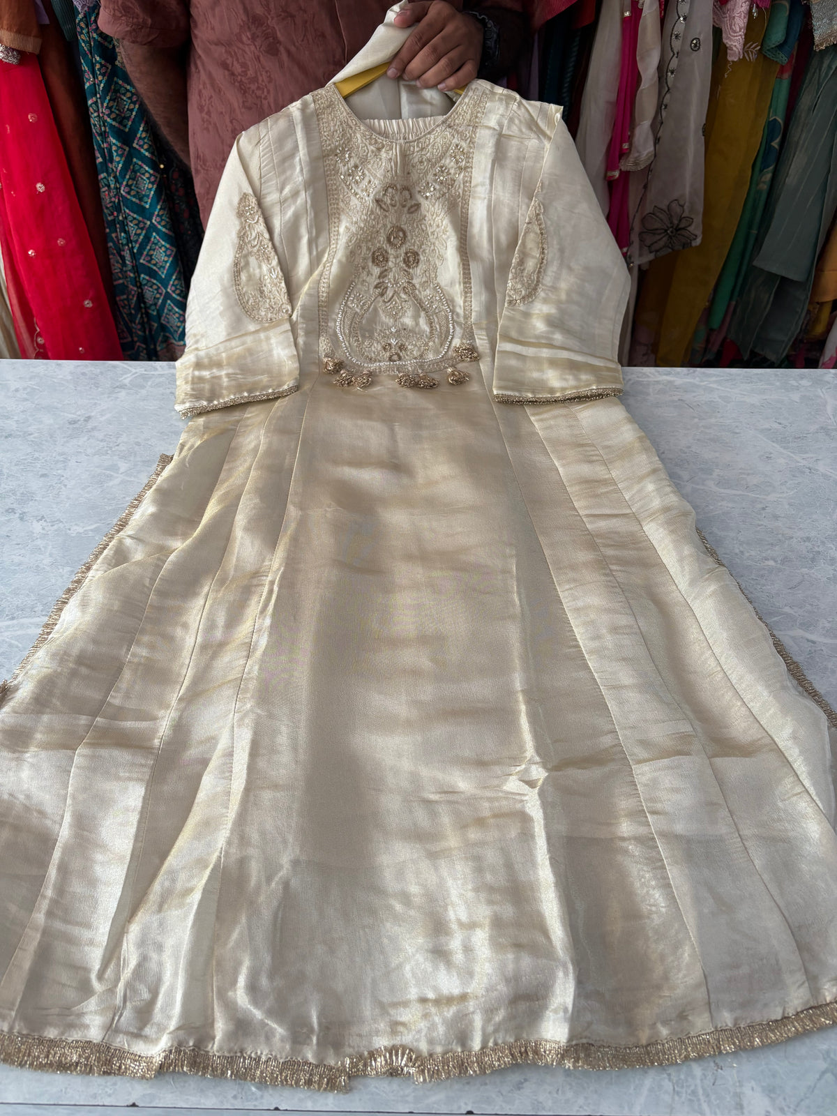 Shimmer Silk Heavy Suits With Zari Embroidery and Handwork Detailing