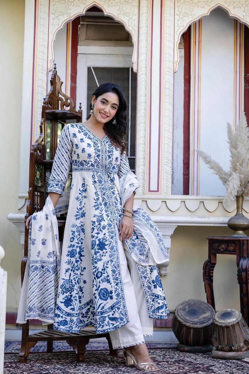 Pure cotton Anarkali suit with Pure cotton Plazo and Malmal dupatta