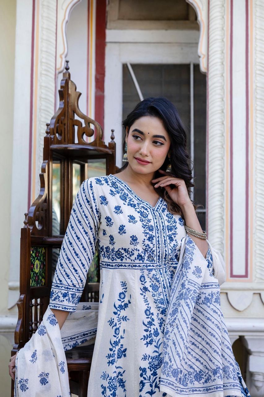 Pure cotton Anarkali suit with Pure cotton Plazo and Malmal dupatta
