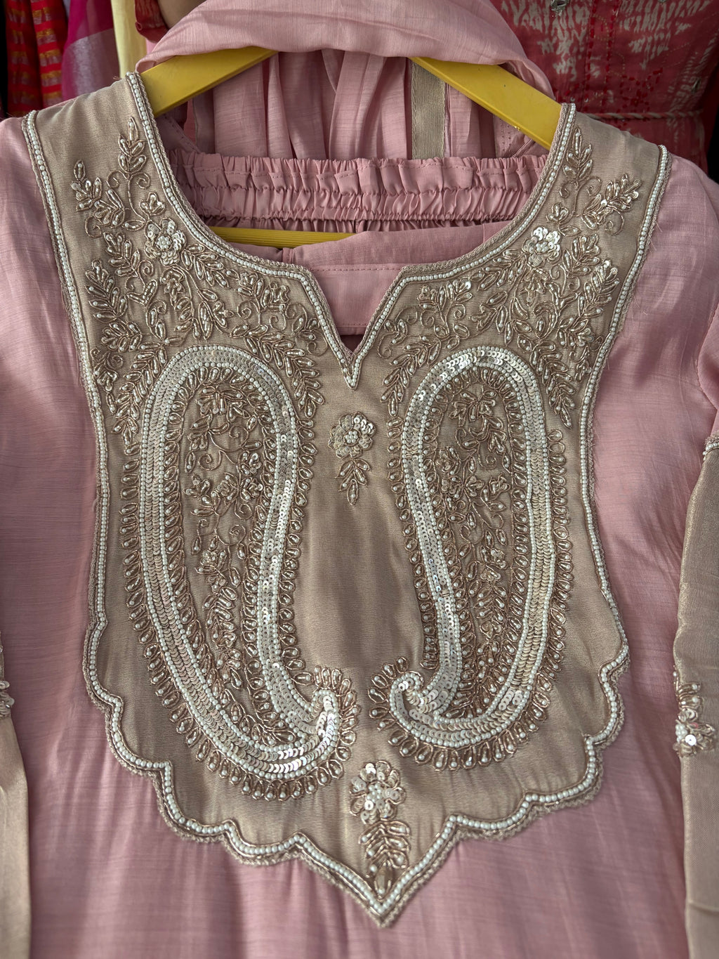 Pure Mal Chanderi Stitched Aline Suits With Beautiful Handwork Detailing