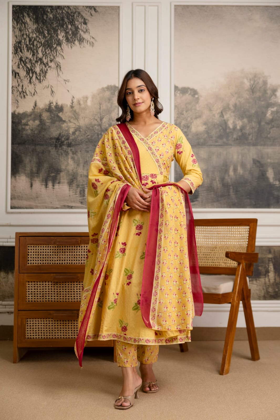 Pure cotton Anarkali suit with straight cotton pants and malmal dupatta