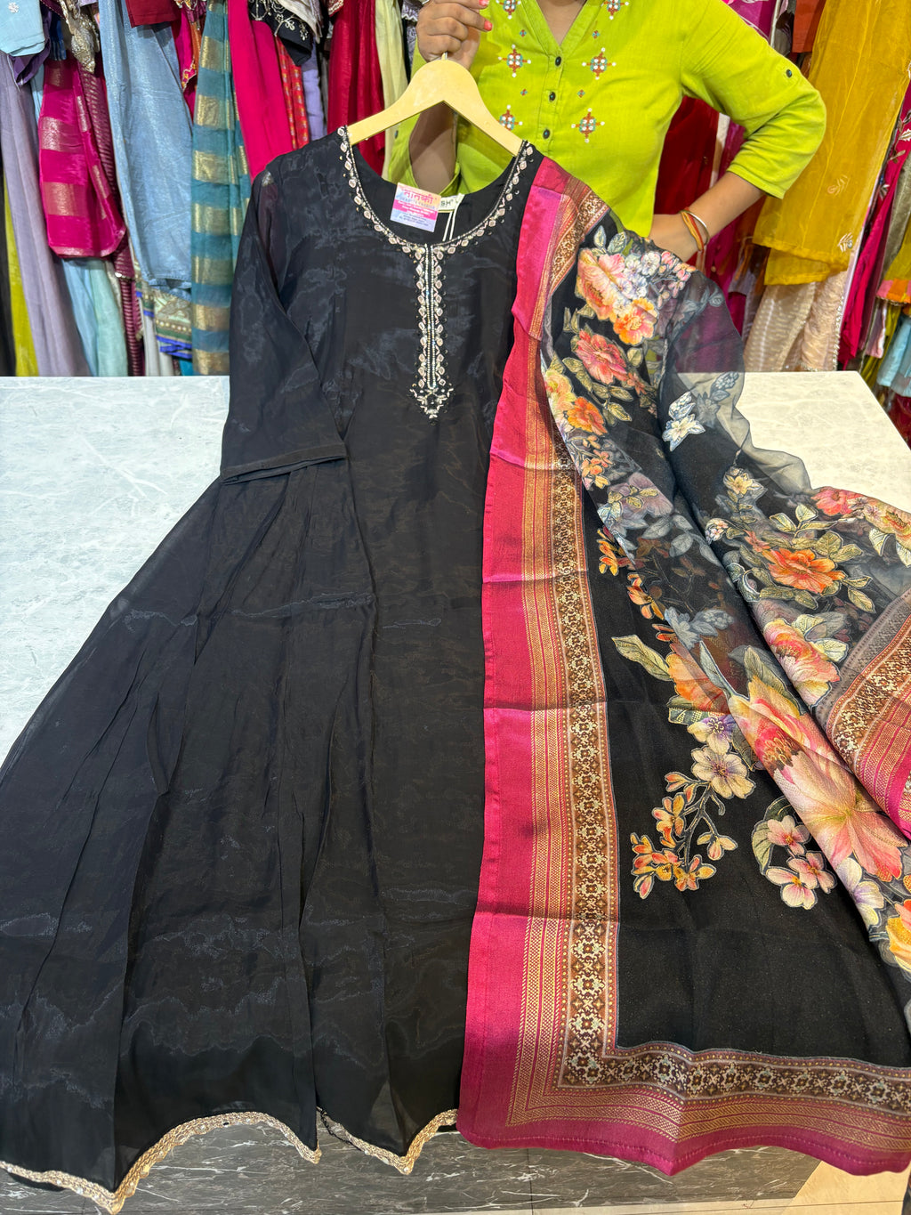 Mal Chanderi Aline Anarkali Suits With Beautiful Handwork and Printed Dupatta