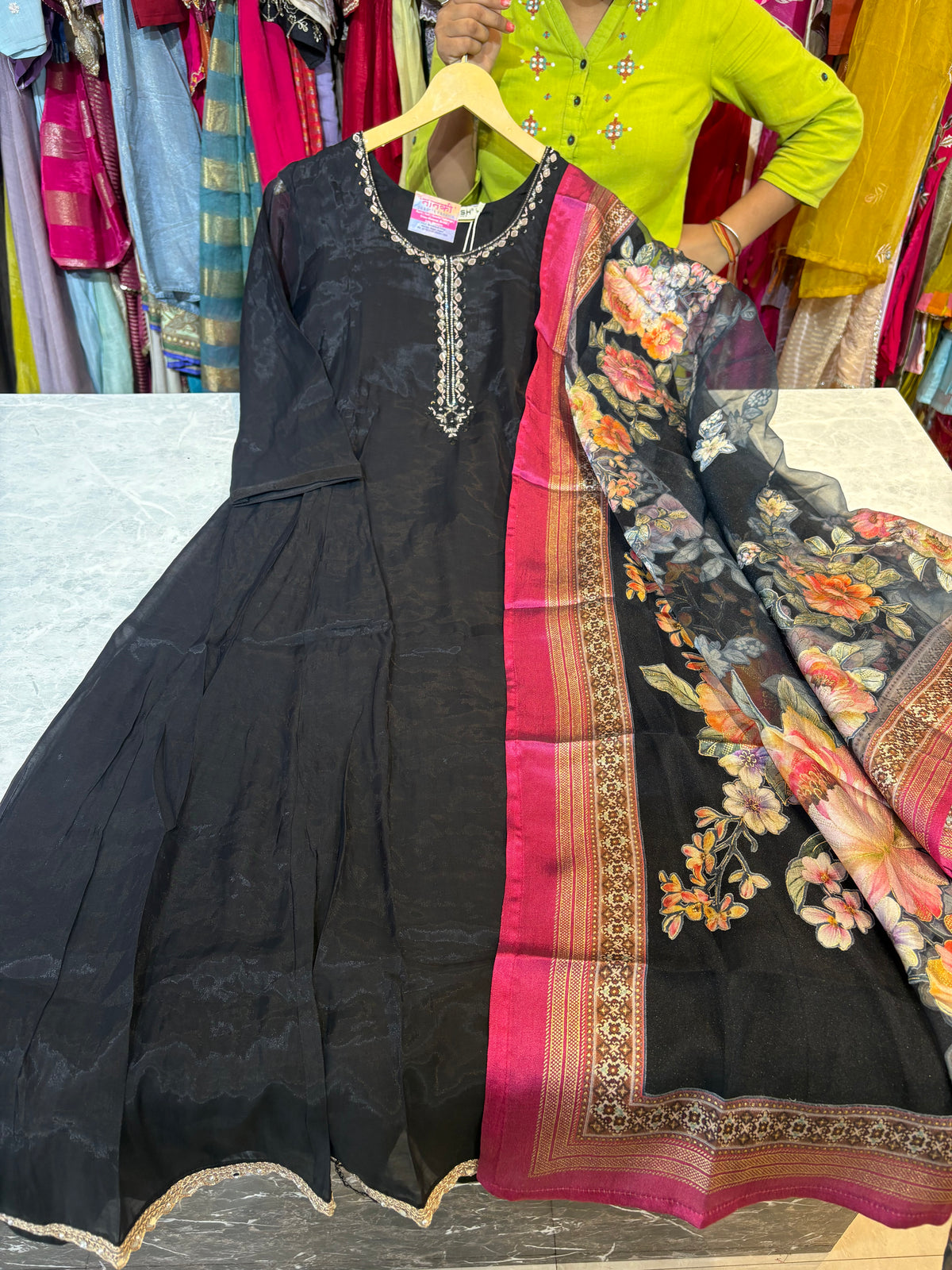 Mal Chanderi Aline Anarkali Suits With Beautiful Handwork and Printed Dupatta