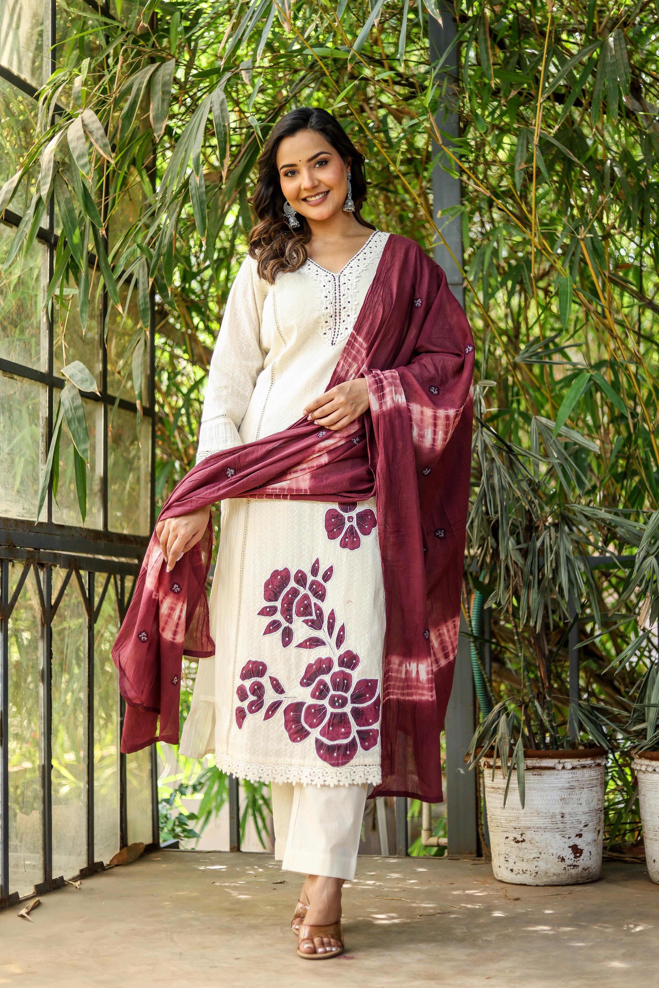 Premium self cotton Straight suit with malmal lining, straight pants and embroidered dupatta