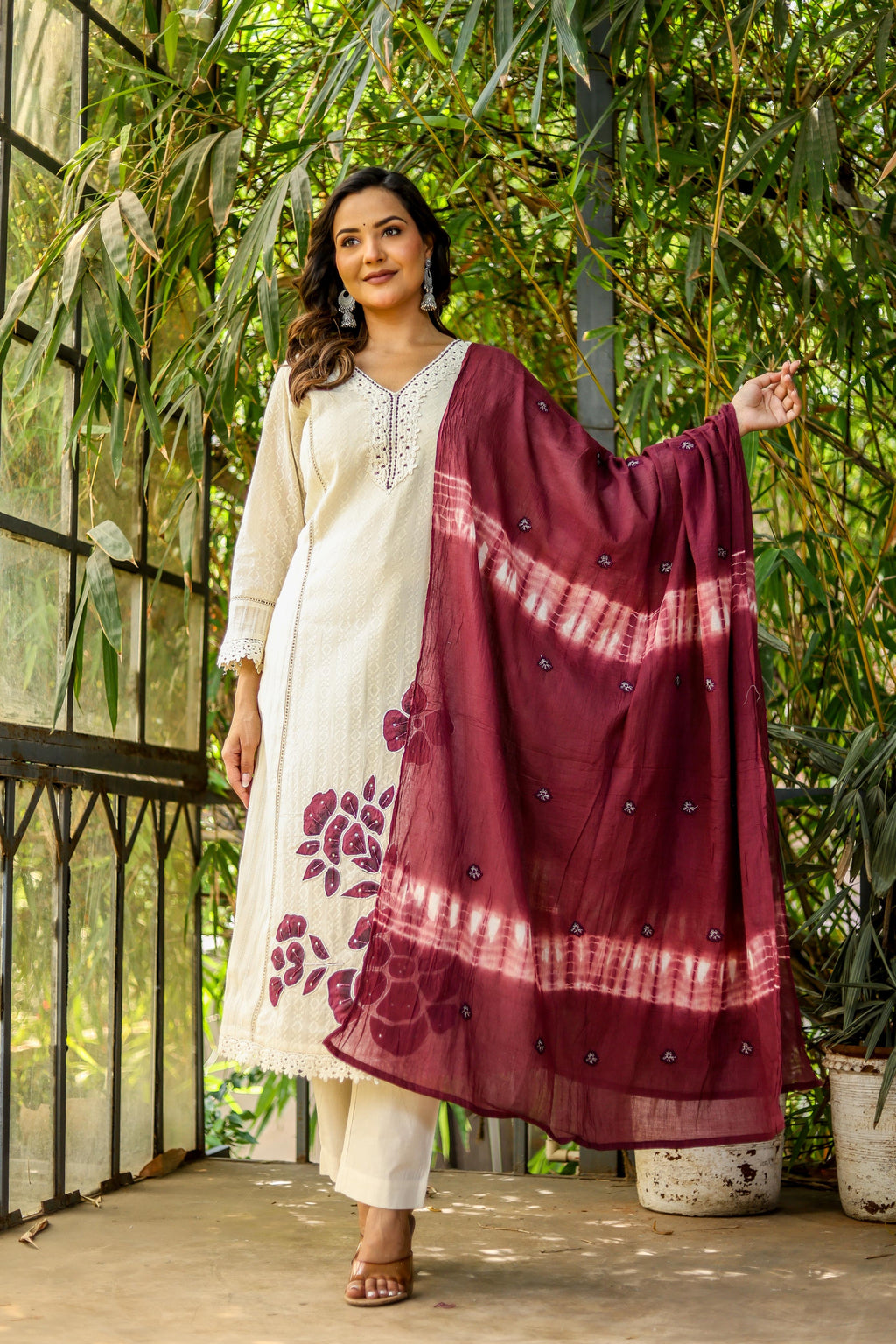 Premium self cotton Straight suit with malmal lining, straight pants and embroidered dupatta