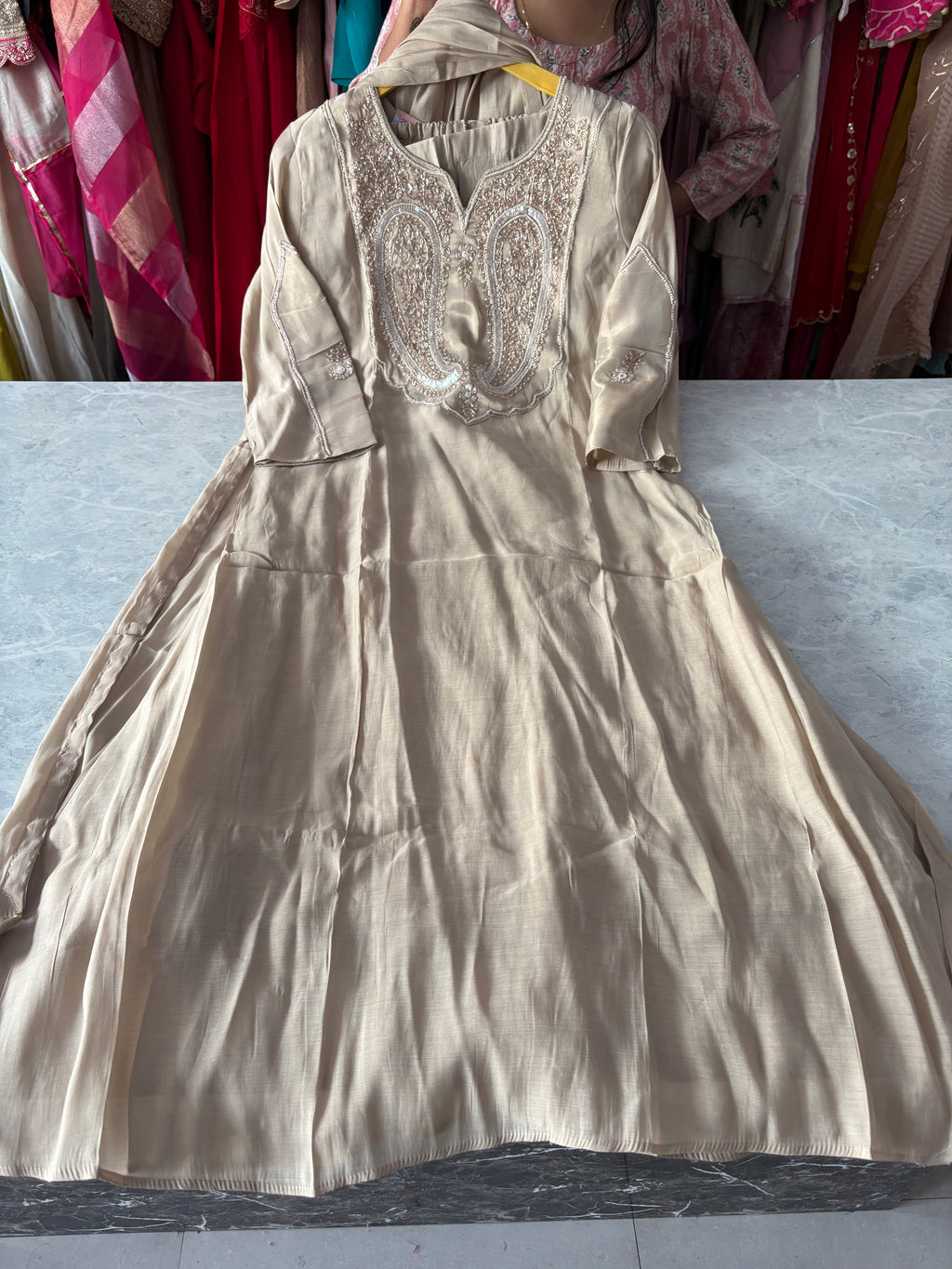 Pure Mal Chanderi Handwork Aline Suits