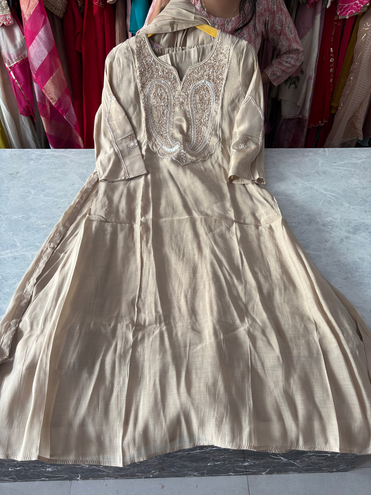 Pure Mal Chanderi Handwork Aline Suits