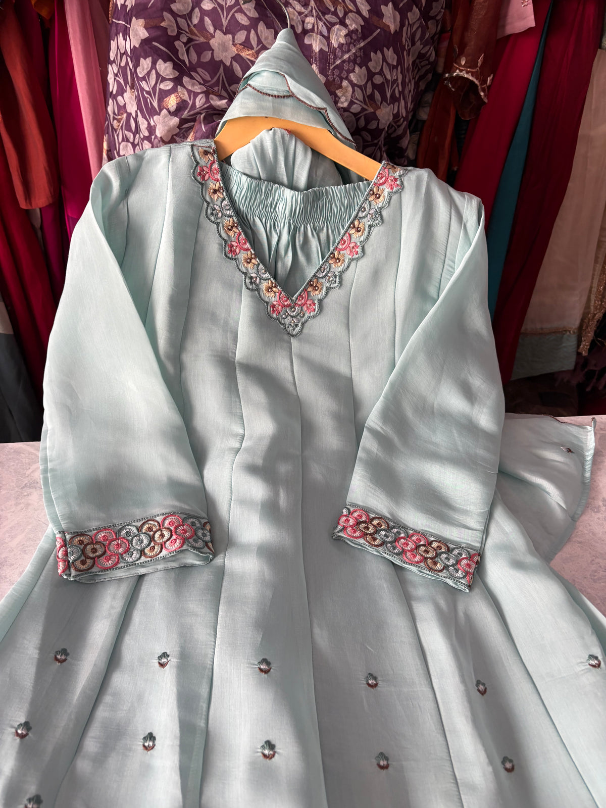 Mal Chanderi Stitched Aline Suits With Embroidery Work