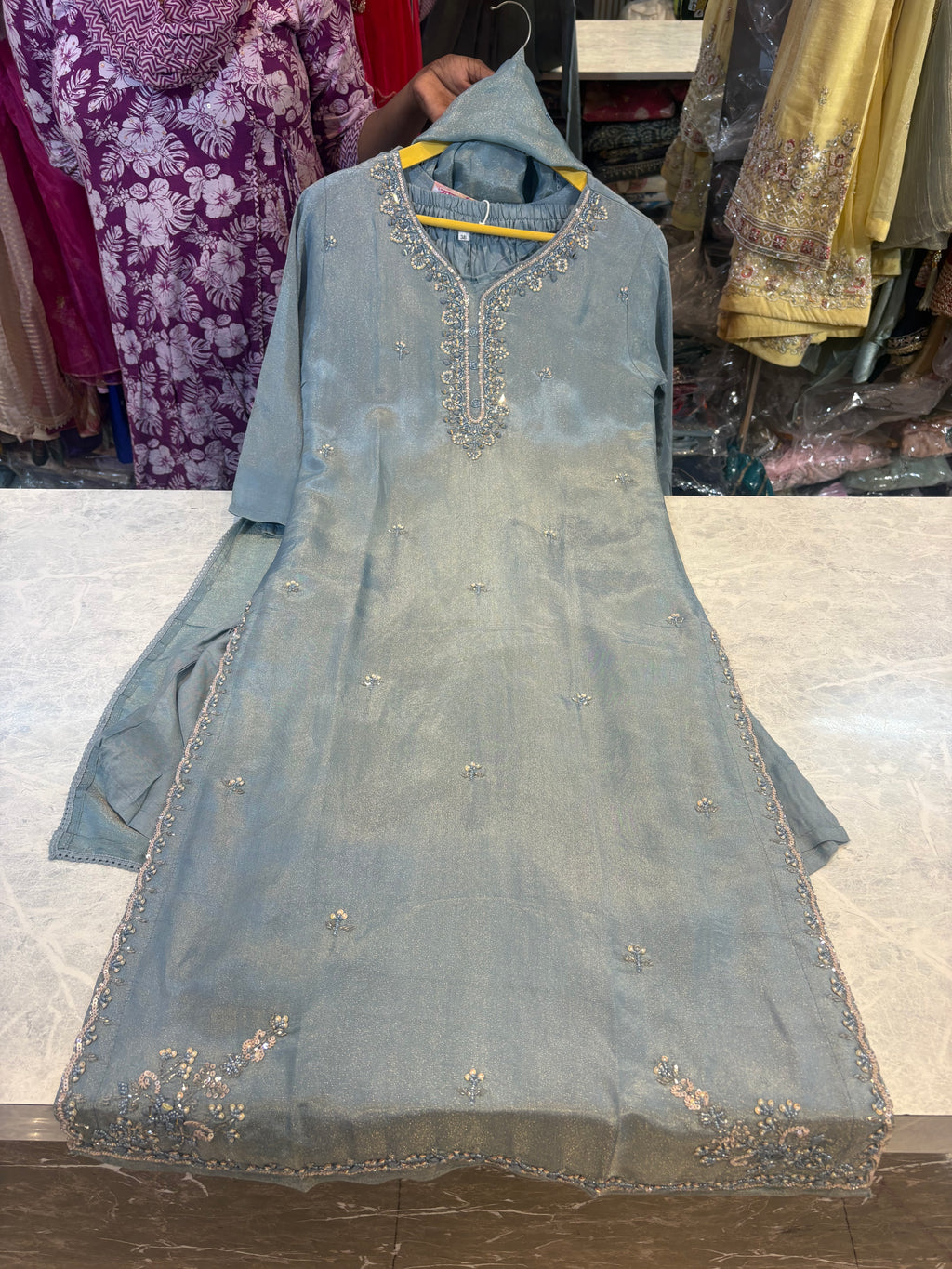 Shimmer Silk Straight Suits With Beautiful Handwork