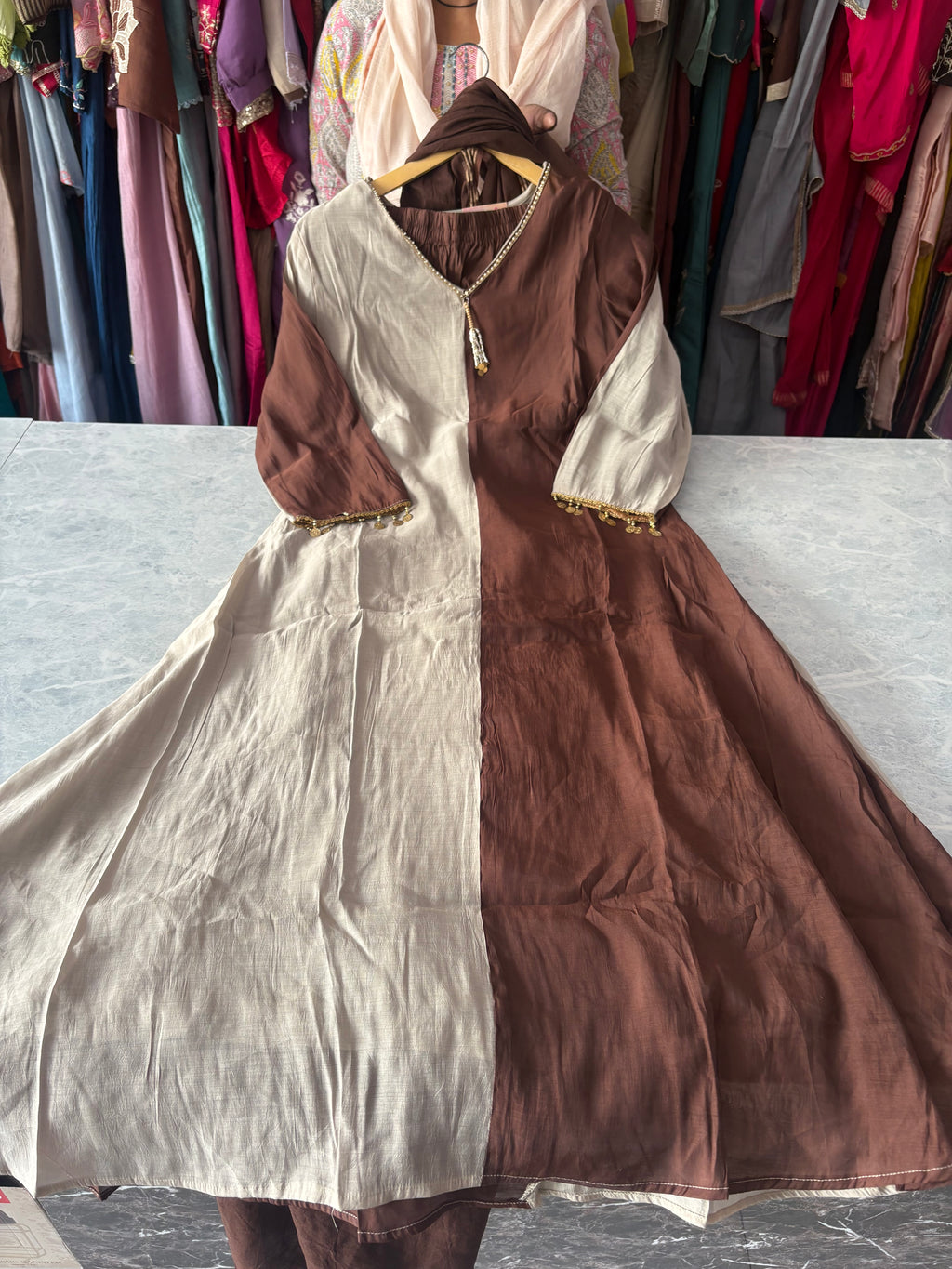 Mal Chanderi Stitched Aline Suits with neckwork