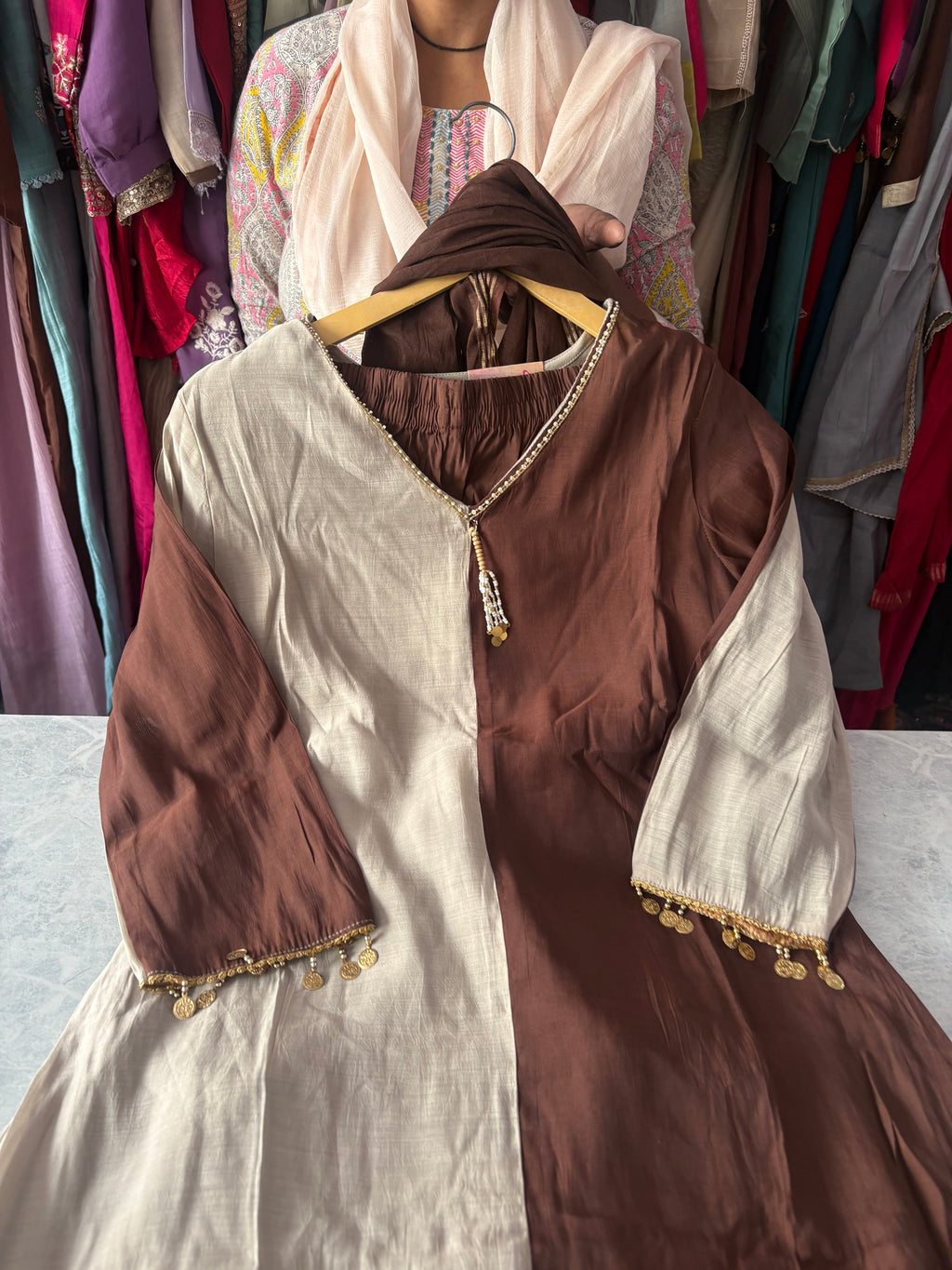 Mal Chanderi Stitched Aline Suits with neckwork