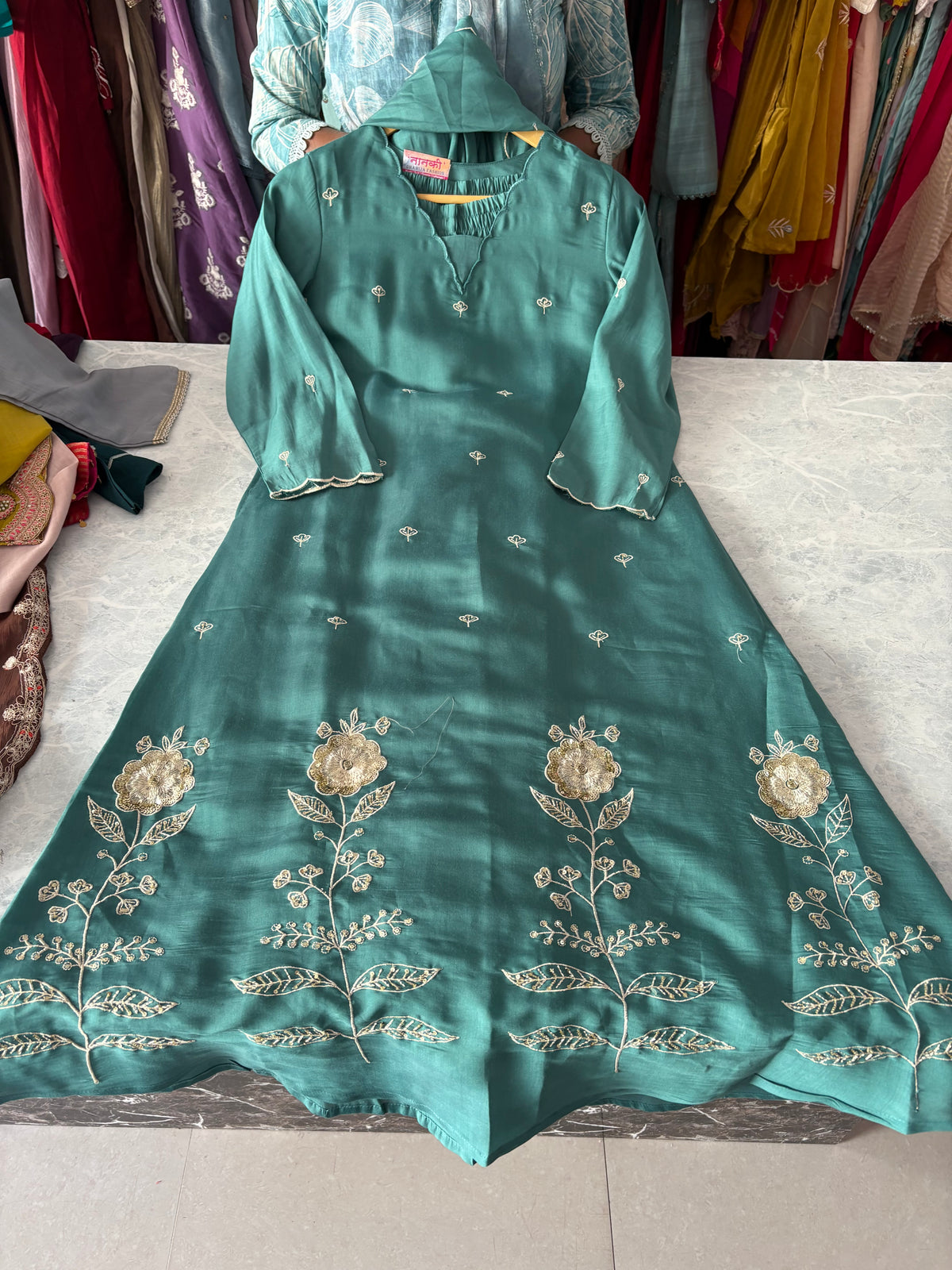 Mal Chanderi Stitched Aline Suits With Beautiful Embroidery & Handwork Detailing