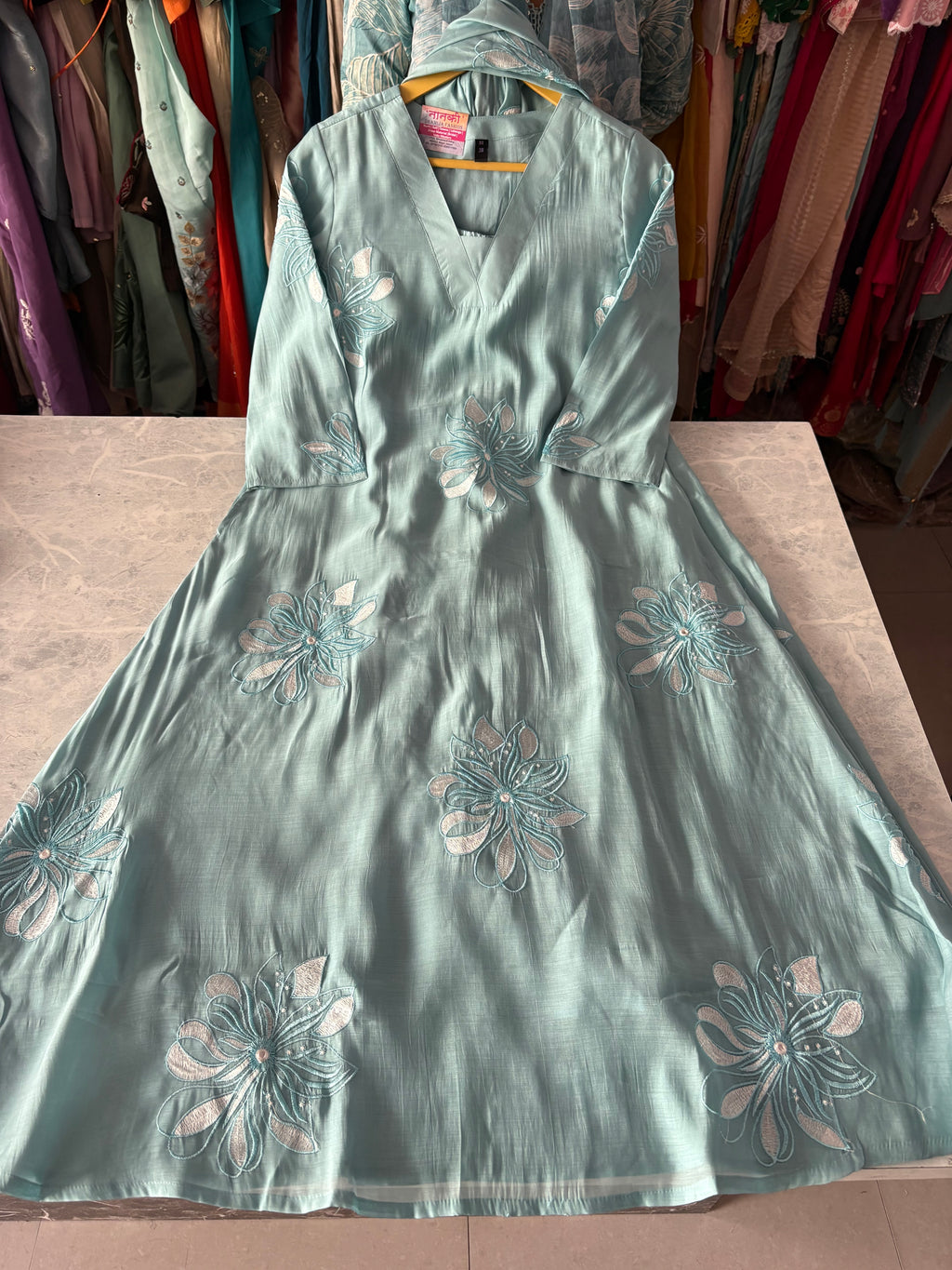 Mal Chanderi Aline Embroidery Suits With Heavy Dupatta