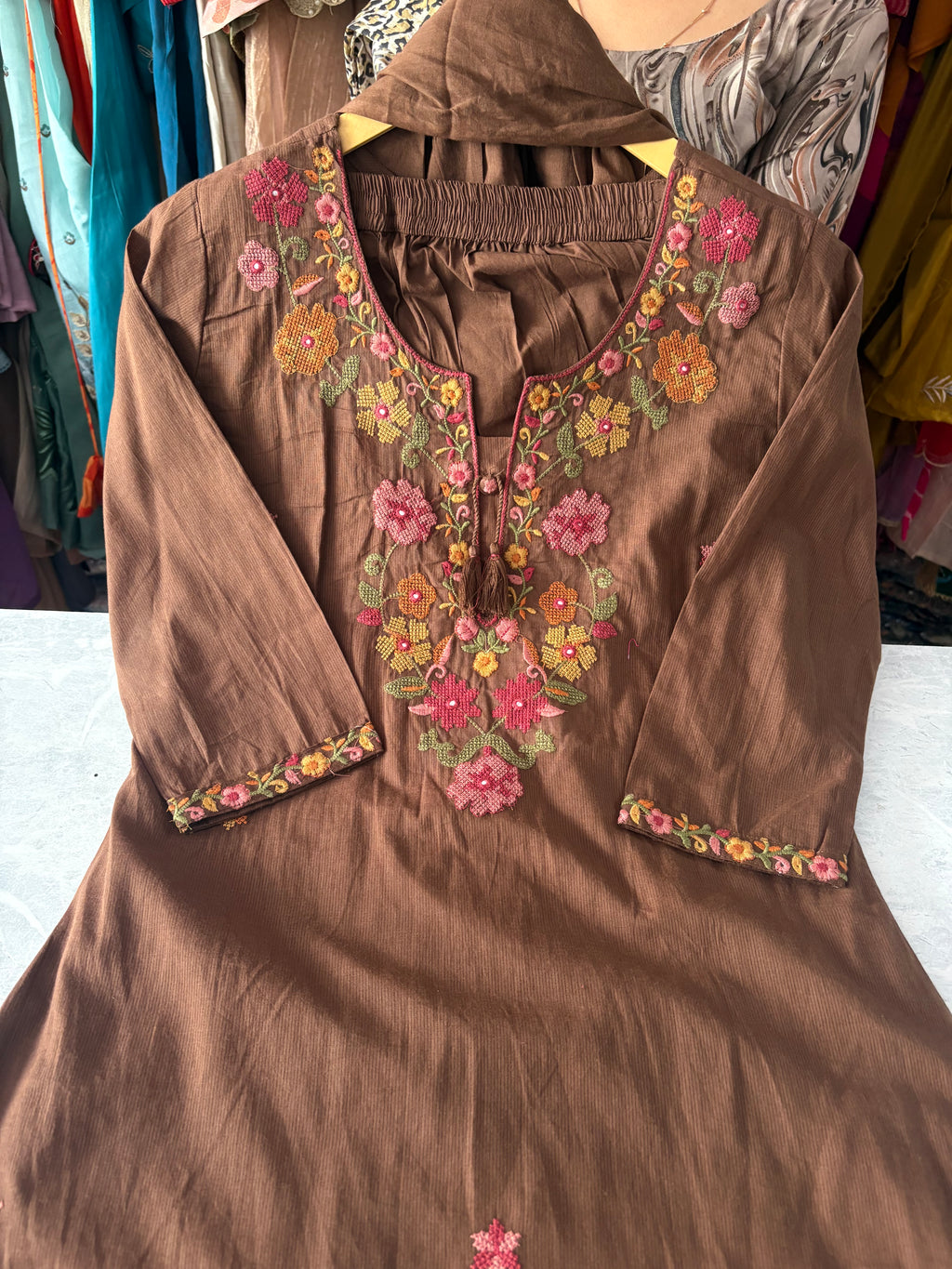 Pure Cotton Stitched Embroidery Suits With Malmal Dupatta