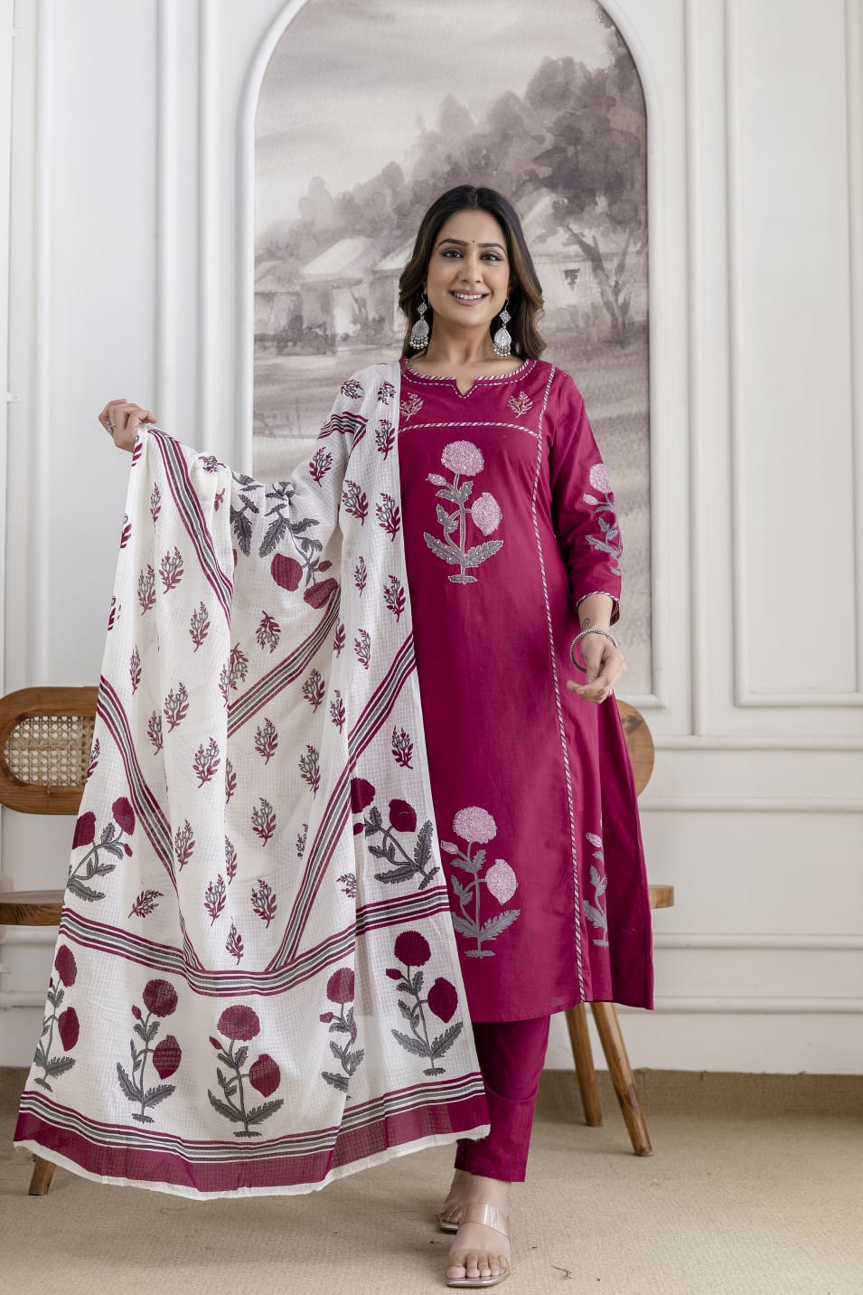 Pure Cotton Block Print Aline 3pcs Suit