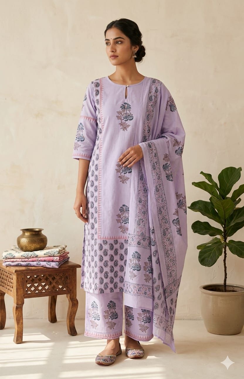 Block print khadi cotton 3pcs suit