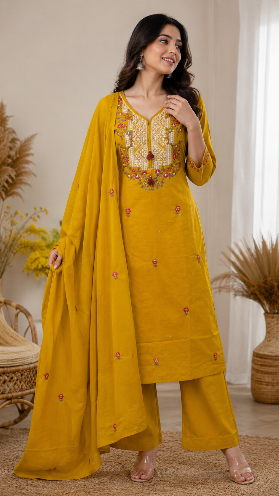 Pure Cotton Stitched suit with embroidery work , straight pants and Malmal Dupatta