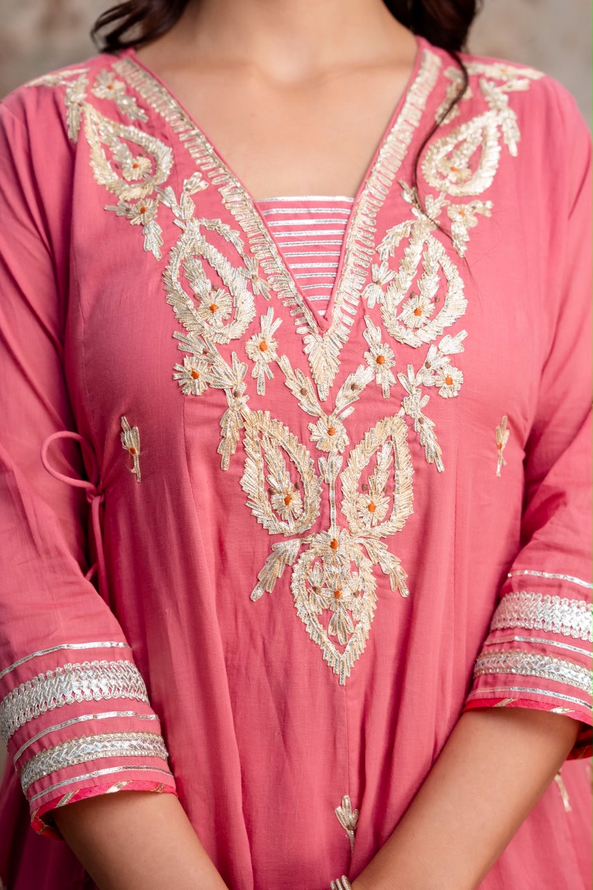 Pure mul cotton Anarkali suit with gota work, straight pants and malmal dupatta