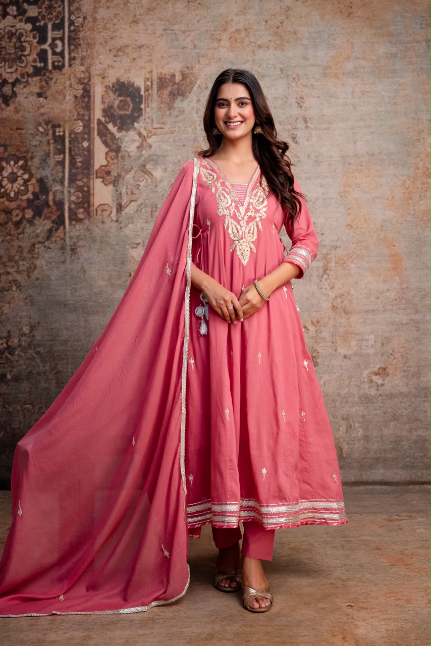 Pure mul cotton Anarkali suit with gota work, straight pants and malmal dupatta